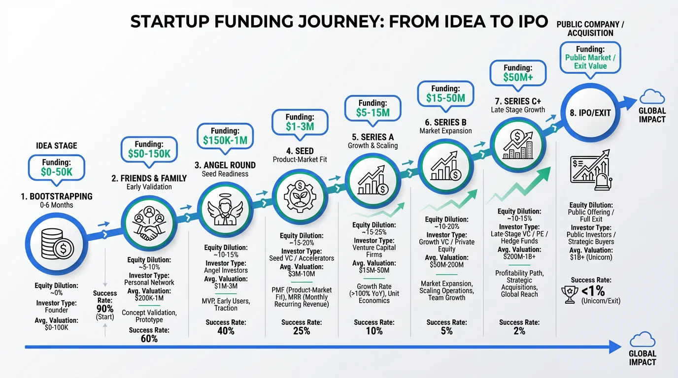 Timeline infographic showing startup funding stages from bootstrapping to IPO.