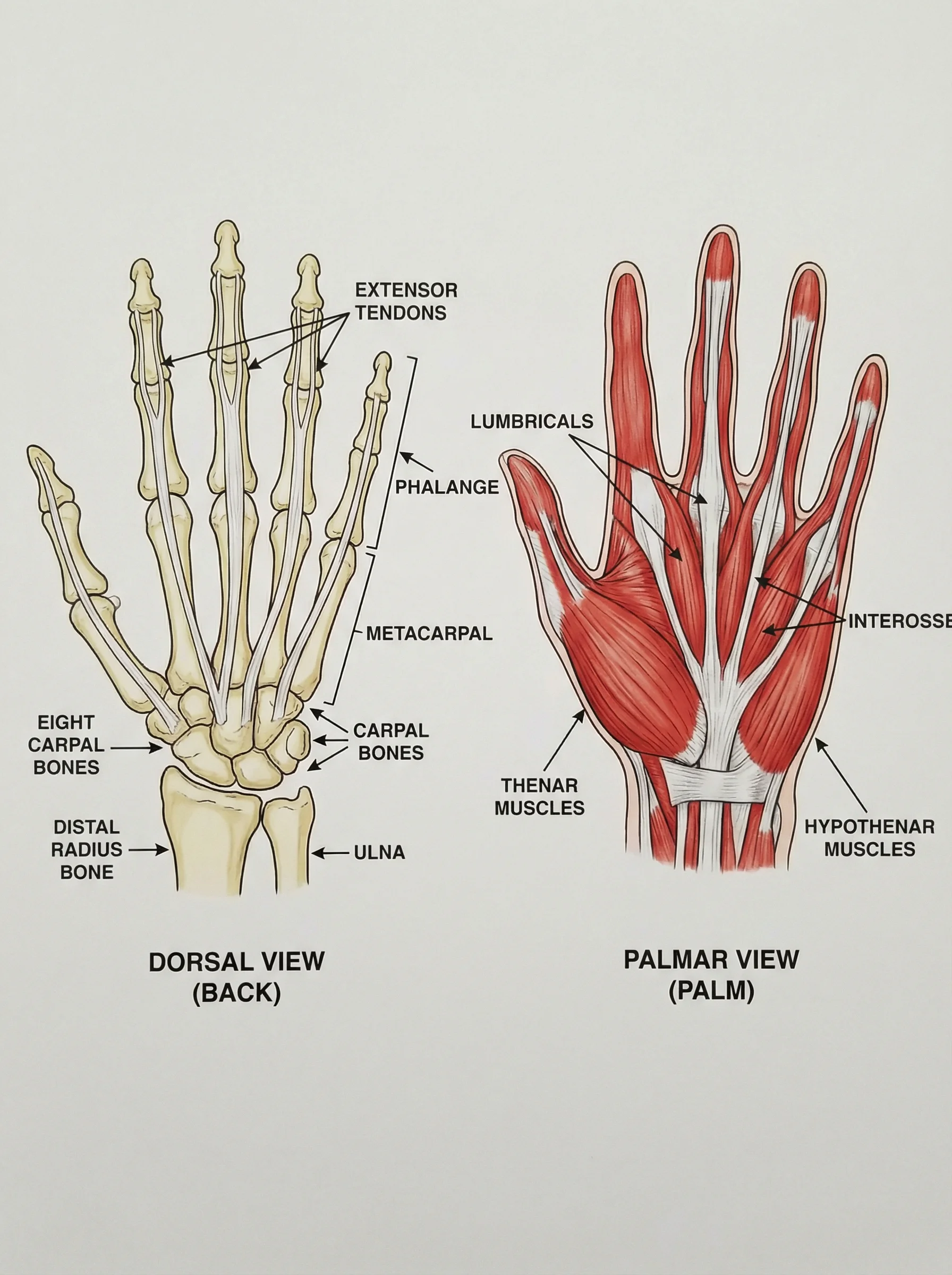Detailed anatomical drawing of human hand showing bones and muscles