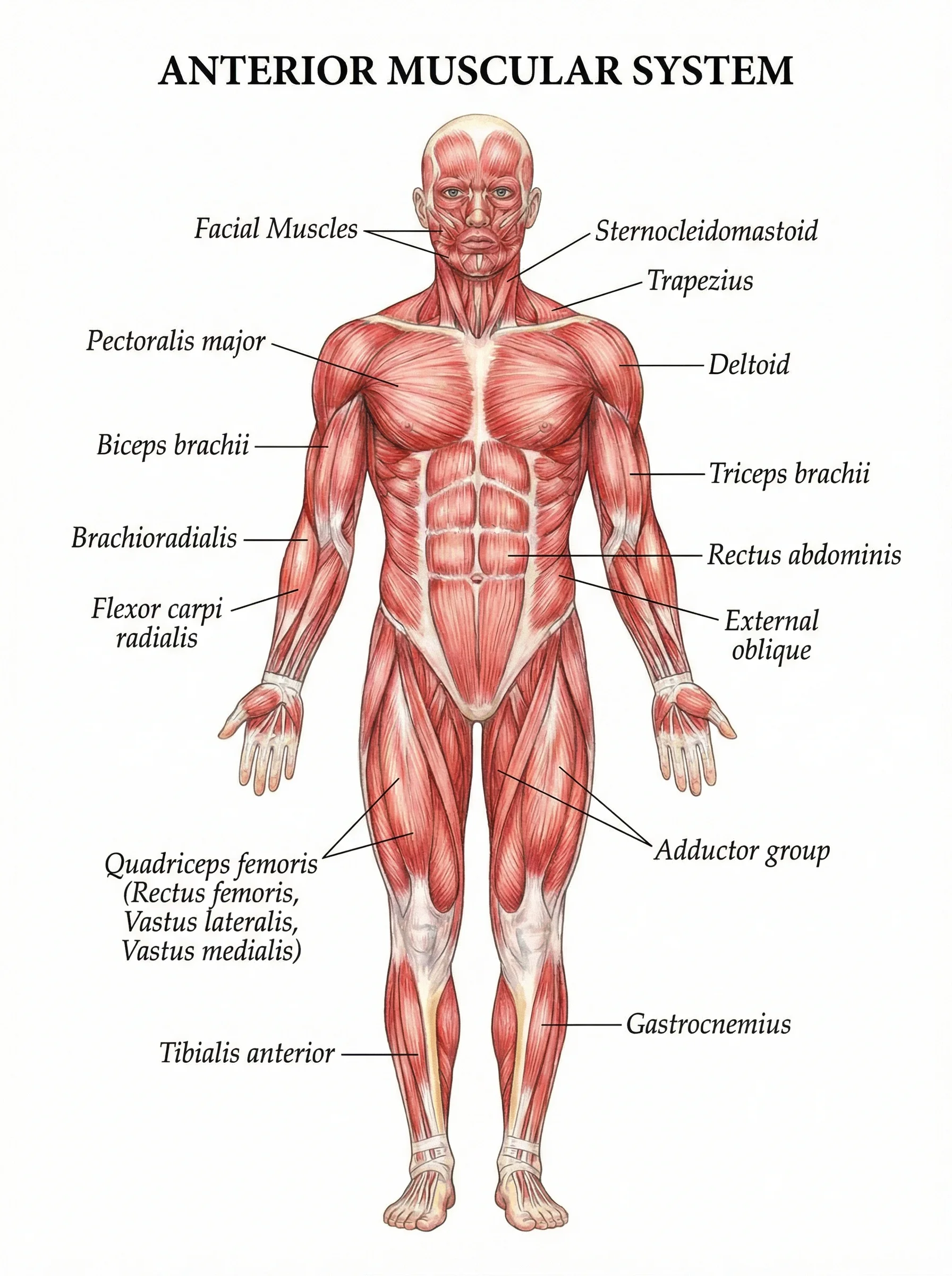 Anterior view of human muscular system with labeled muscles