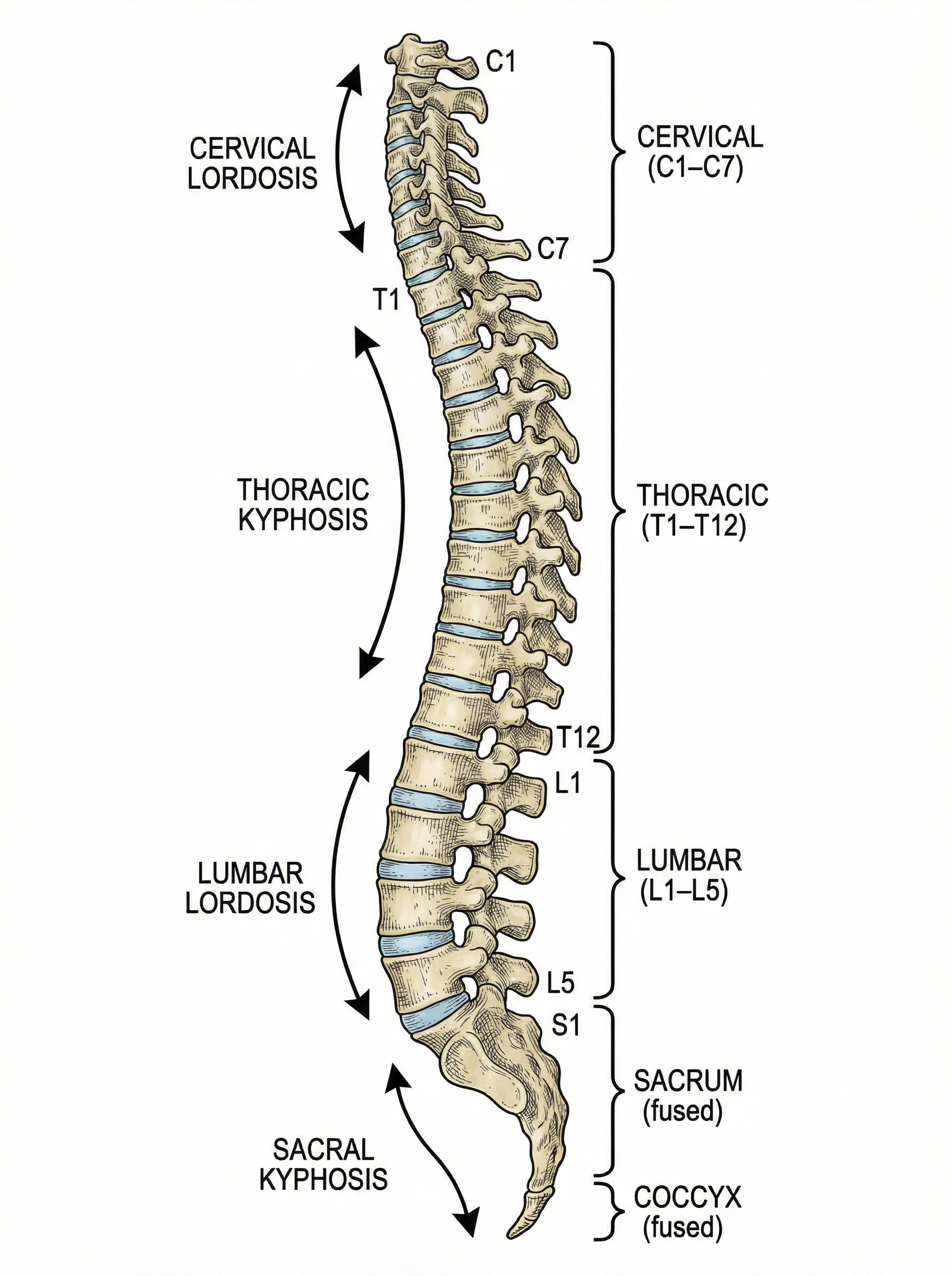 Lateral view of human spine showing vertebrae and curves