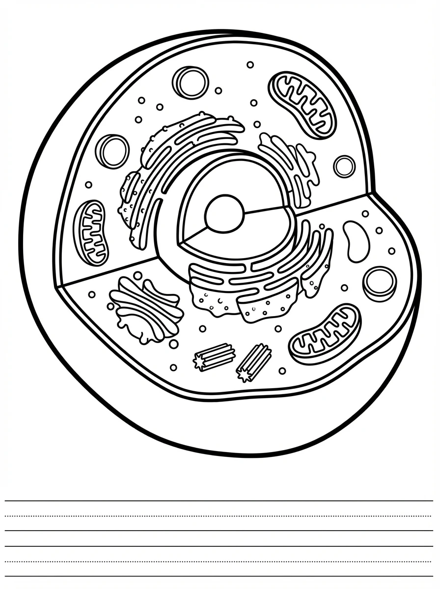 Black and white line drawing of an animal cell designed for coloring. The cell has thick black outlines creating distinct sections for each organelle. The large circular nucleus is in the center. Wavy lines show the endoplasmic reticulum. Oval shapes represent mitochondria. Stacked shapes show the Golgi apparatus. All areas are white and empty, ready to be colored in. Blank lines at the bottom allow students to write organelle names.