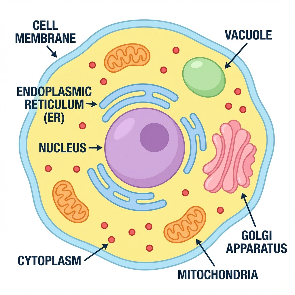 Simple cartoon-style animal cell diagram for young students. A friendly round cell shape with bright colors. The large purple nucleus sits in the center. Pink cytoplasm fills the cell interior. A few orange bean-shaped mitochondria are visible. The blue cell membrane wraps around the outside. Only 5 main parts are labeled with large, easy-to-read text: Nucleus, Cytoplasm, Cell Membrane, Mitochondria, and Vacuole.
