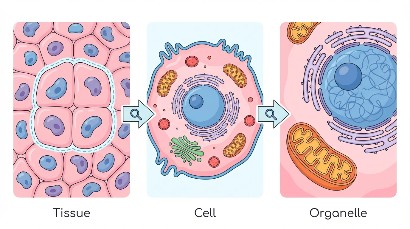 Three-panel educational infographic showing biological organization levels. Panel 1 labeled "Tissue" shows a group of connected animal cells forming tissue. Panel 2 labeled "Cell" shows a single animal cell with visible organelles. Panel 3 labeled "Organelles" shows magnified views of individual organelles like the nucleus and mitochondria. Arrows connect the three panels from left to right, demonstrating how tissues are made of cells, and cells contain organelles. Soft pastel colors throughout.