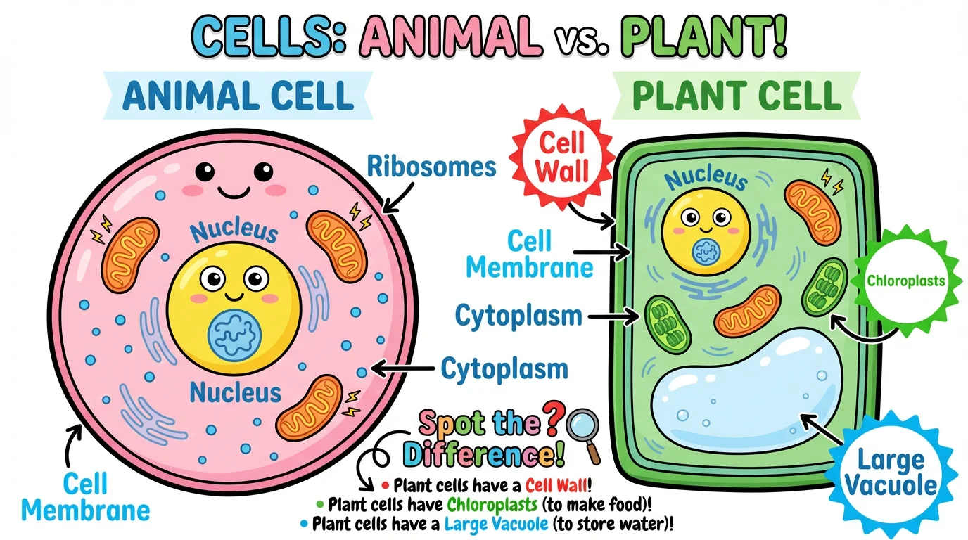 Simple cartoon-style comparison diagram for elementary students. On the left is a friendly round animal cell blob in pink with a purple nucleus, orange mitochondria, and blue cell membrane. On the right is a cheerful rectangular plant cell with a green cell wall, big blue vacuole in the center, bright green chloroplasts, and purple nucleus. The three main differences are highlighted with colorful star icons: green star on Cell Wall, yellow star on Chloroplasts, blue star on Large Vacuole. Large, easy-to-read labels point to only 5-6 main parts in each cell.