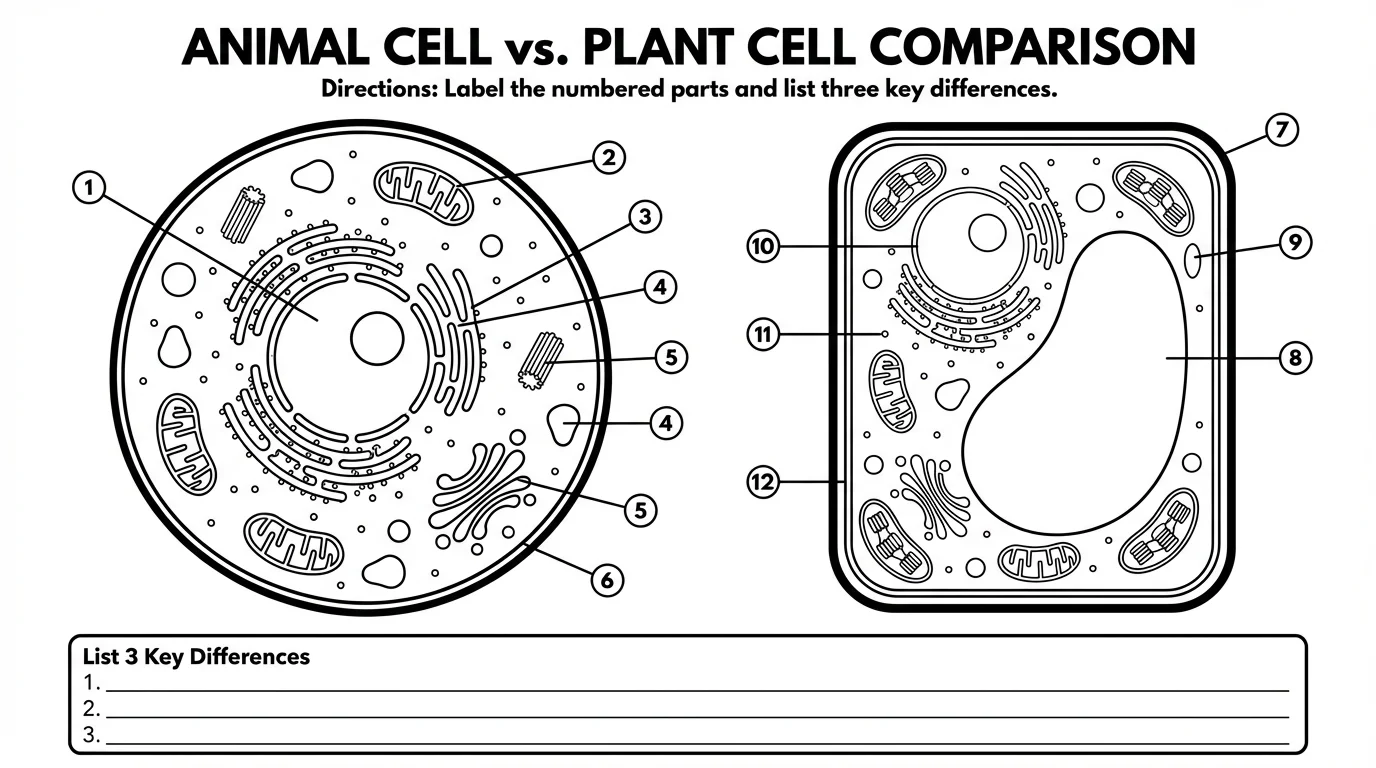 Black and white worksheet showing an animal cell (left) and plant cell (right) side by side without labels. The animal cell is circular, the plant cell is rectangular with visible cell wall. Both cells show organelles as simple shapes with numbered blank lines (1-12) pointing to each structure for students to fill in. Below the diagrams is a box titled "List 3 Key Differences" with three numbered blank lines for students to write the main differences between the two cell types. The worksheet is printer-friendly with clear outlines.