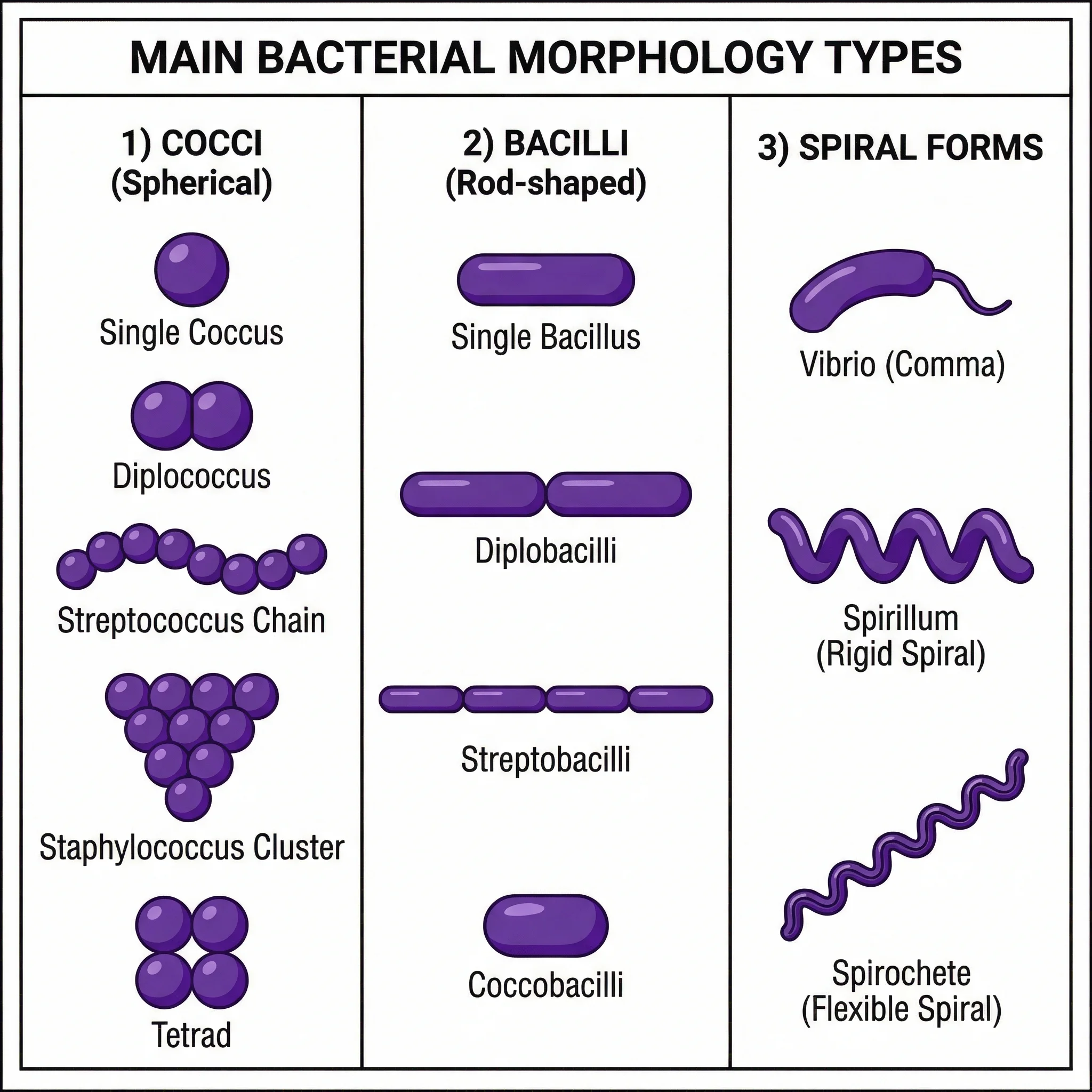 Chart showing different bacterial shapes including cocci, bacilli, and spirilla