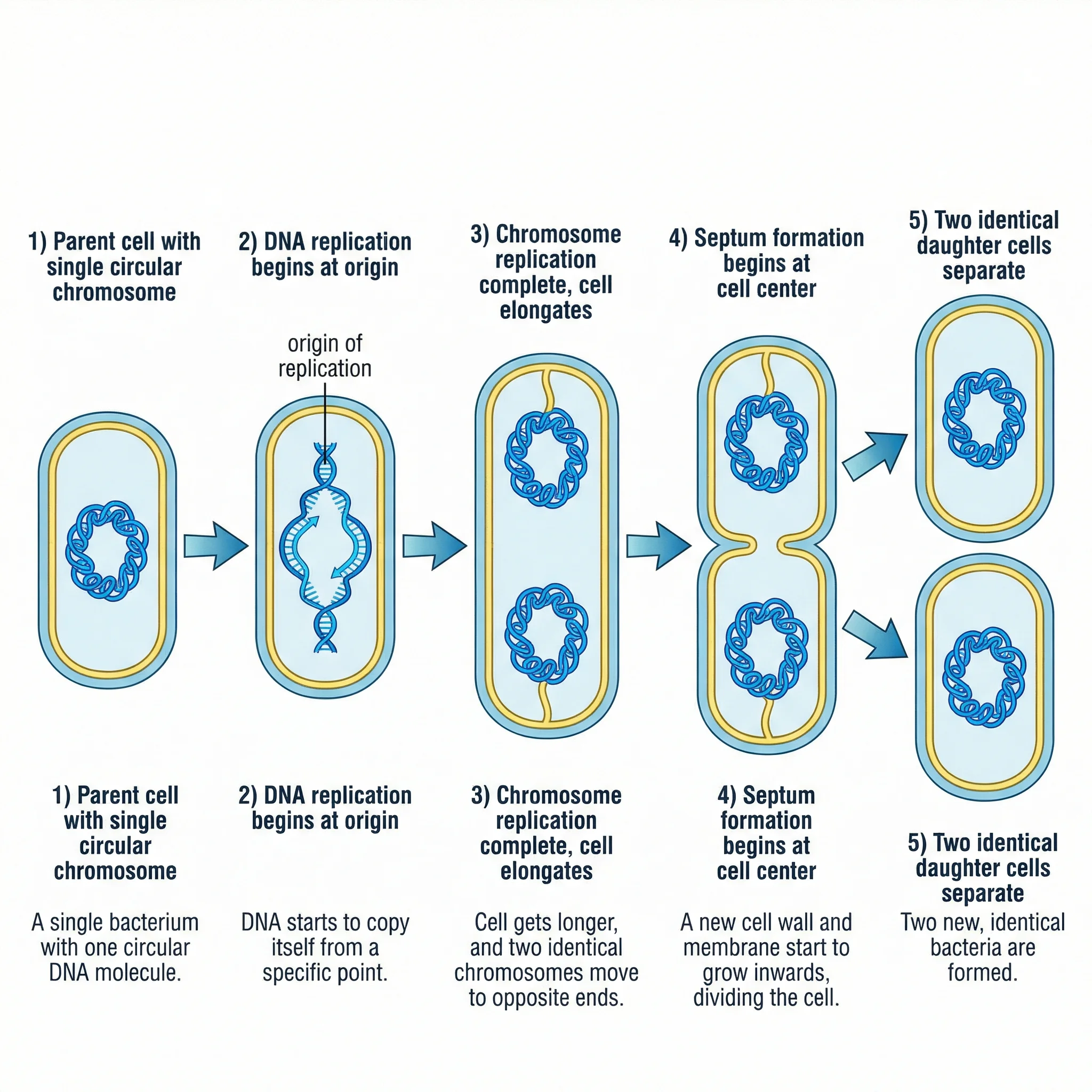 Step-by-step diagram showing bacterial reproduction through binary fission