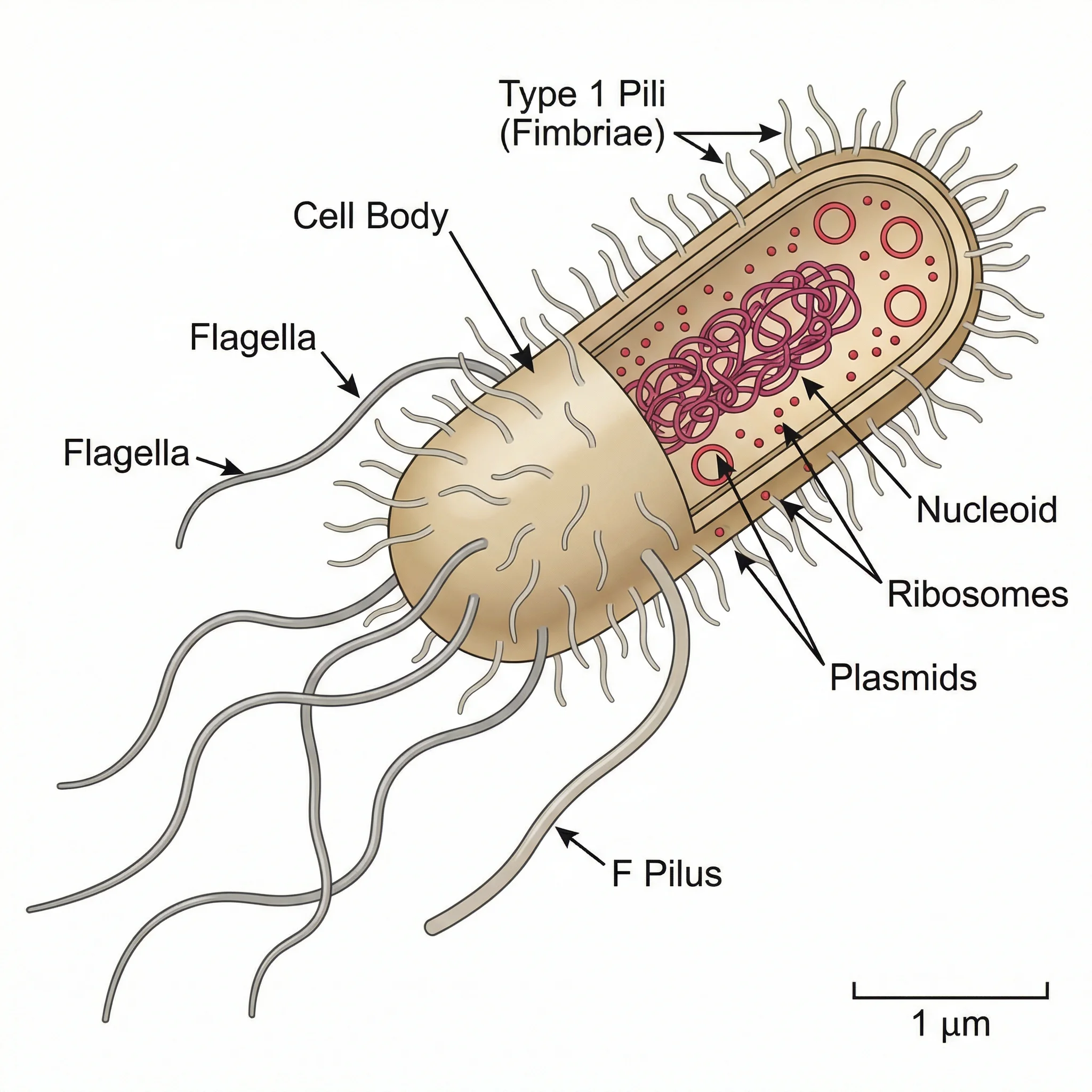 Detailed illustration of Escherichia coli bacterium with flagella and pili