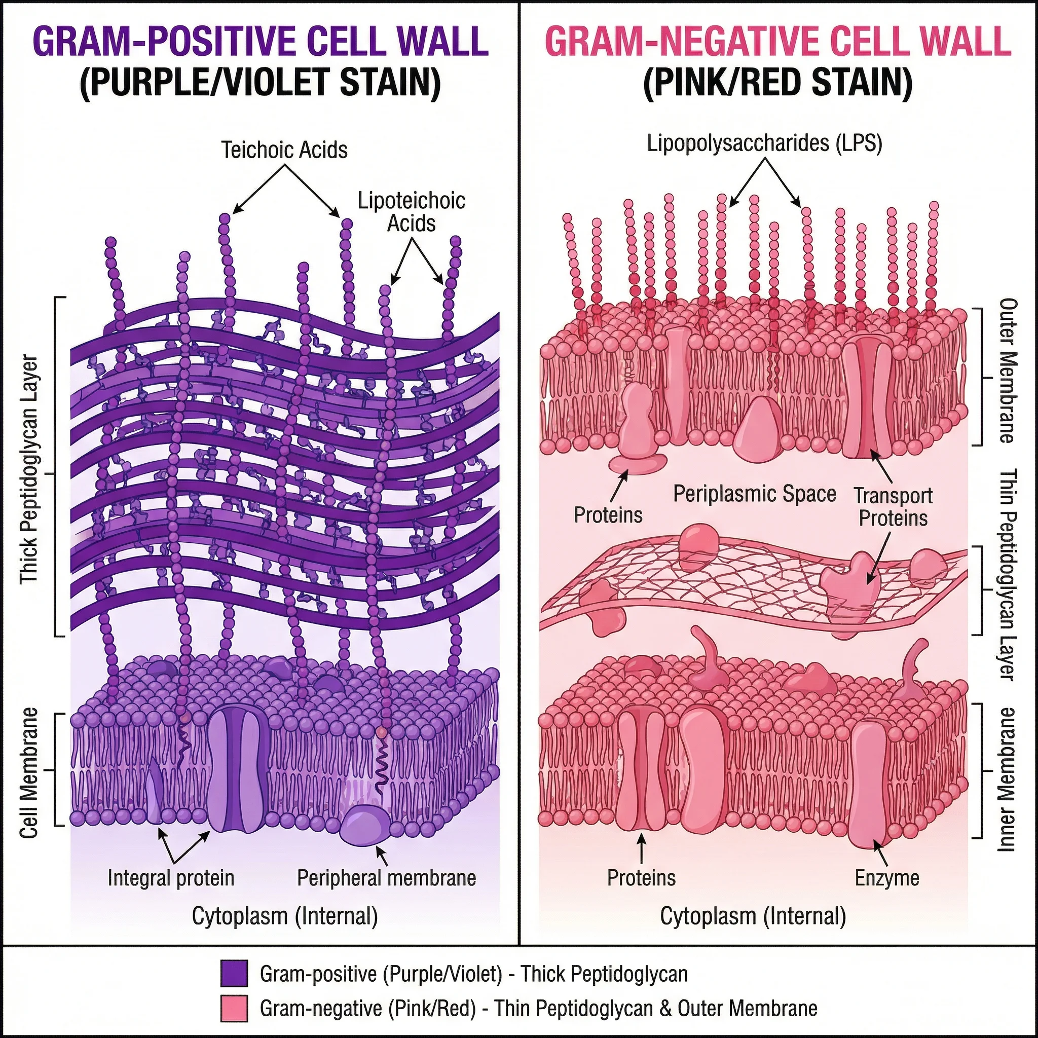 Comparison diagram of Gram-positive and Gram-negative bacterial cell walls