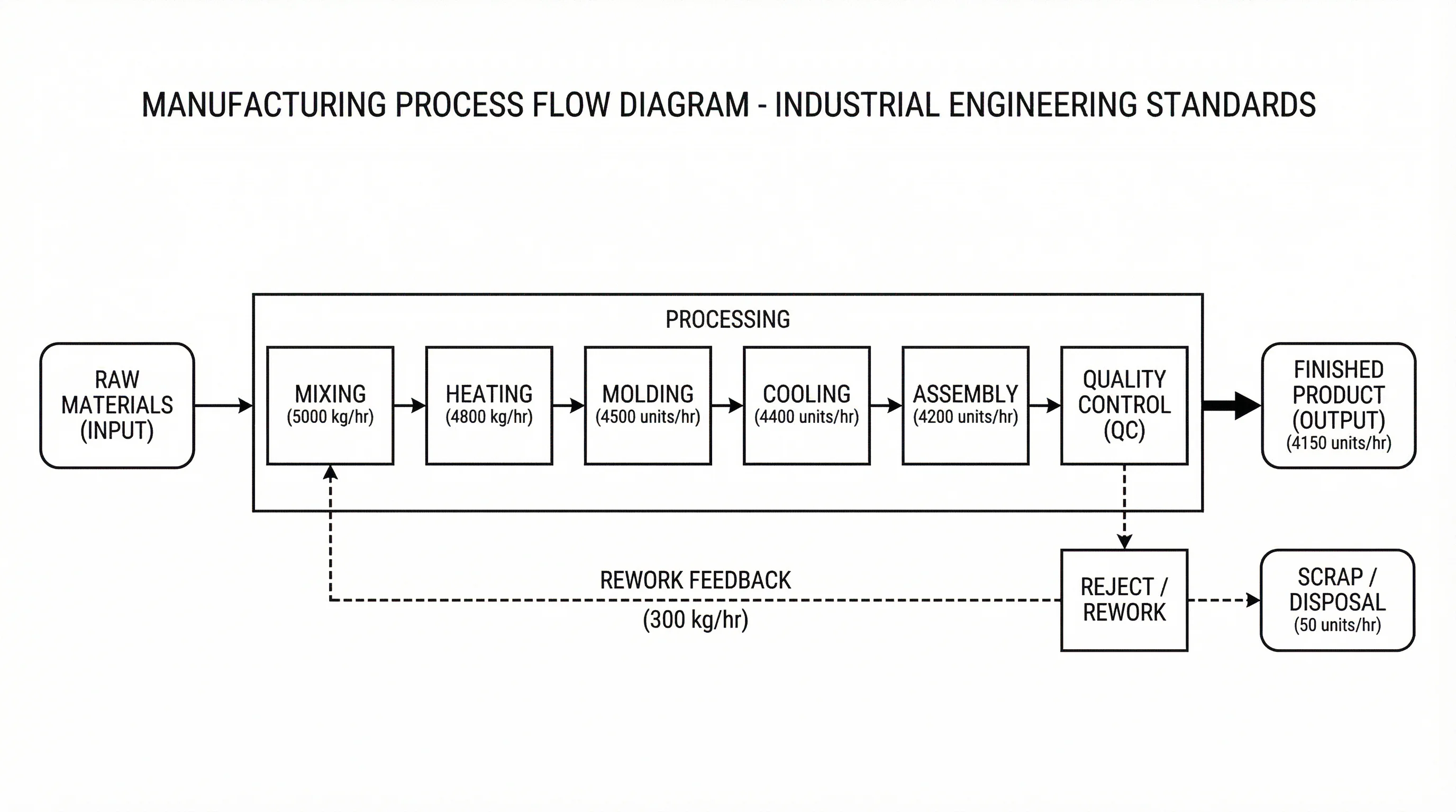 Manufacturing process block diagram showing stages from raw materials to finished product with quality control and rework loops.