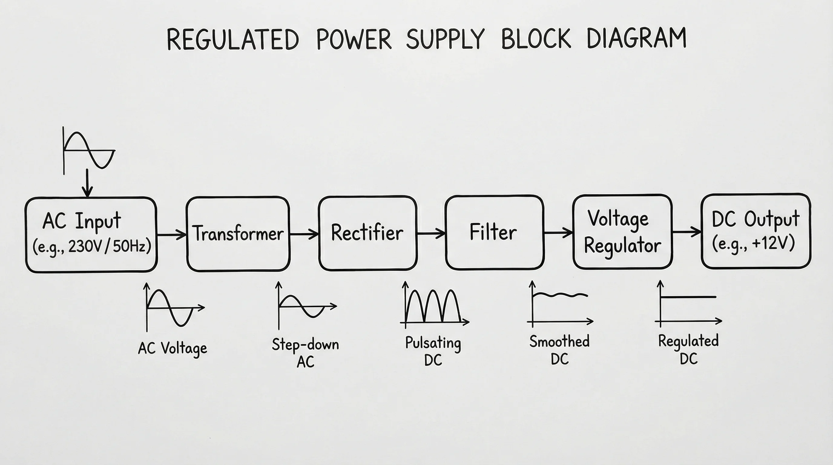 Regulated power supply block diagram showing AC to DC conversion stages with waveform transformations.