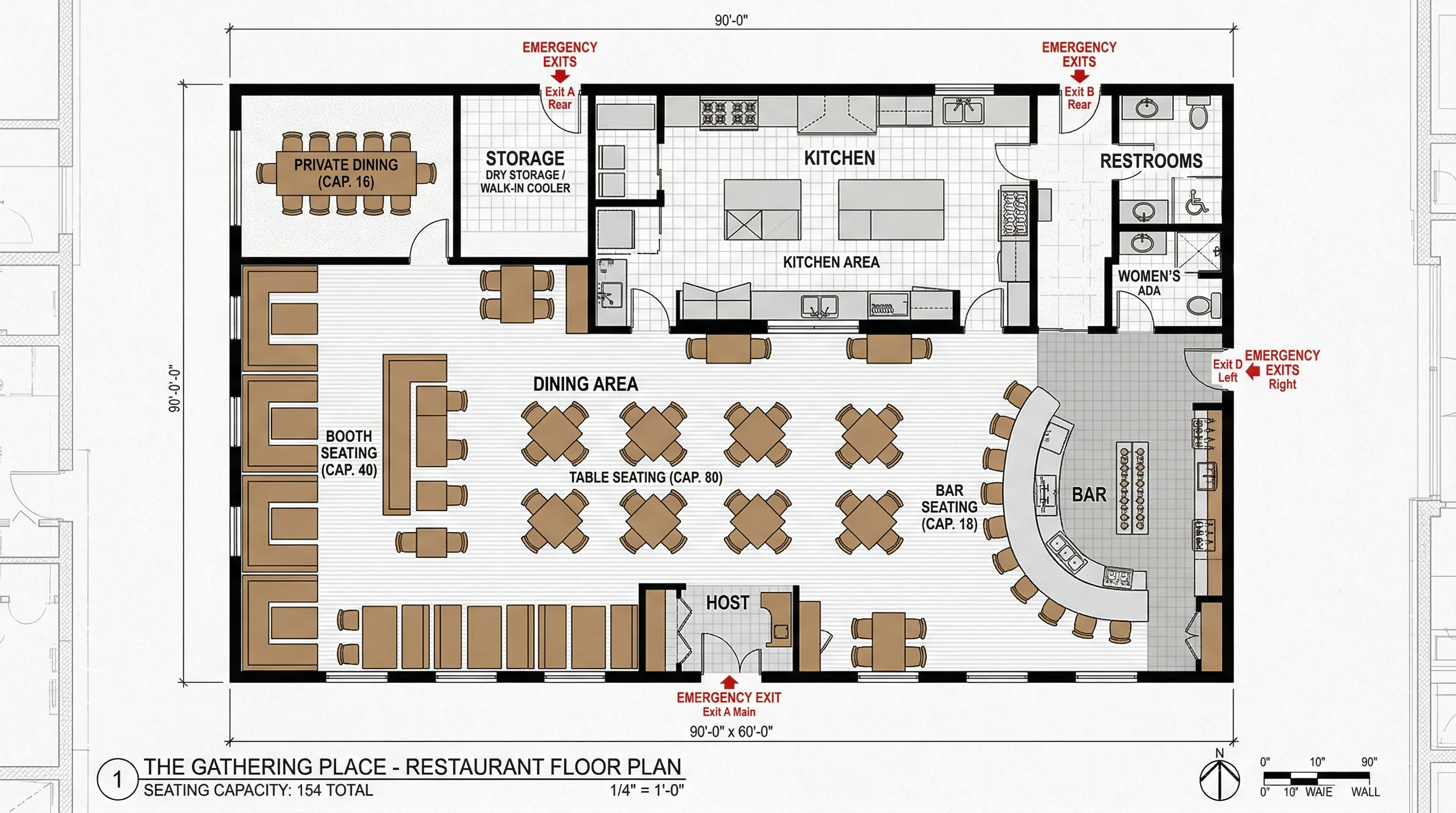 Blueprint of a restaurant floor plan showing dining area, kitchen, bar, and service zones.