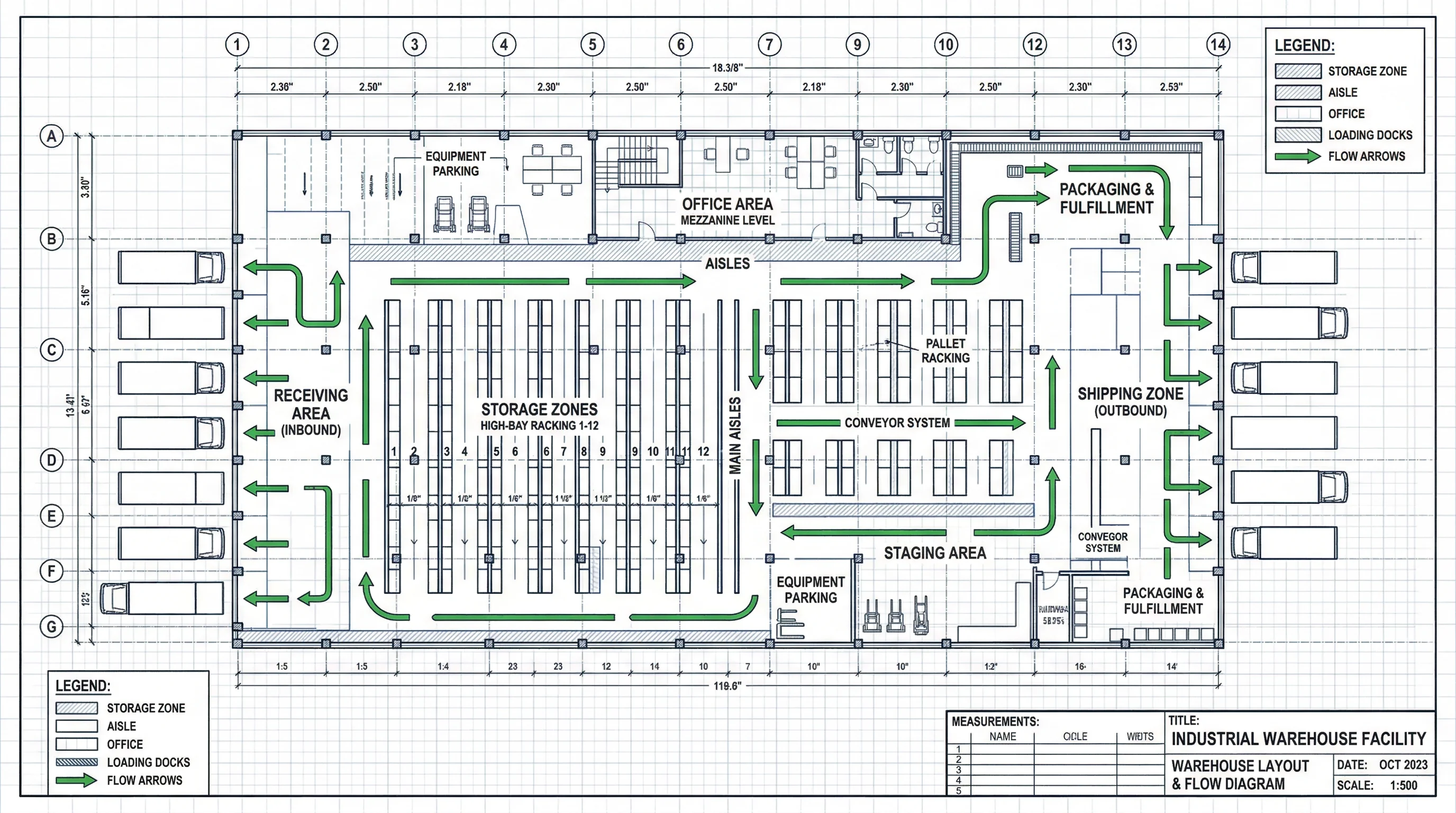 Blueprint of a warehouse layout showing storage zones, loading docks, and material flow paths.
