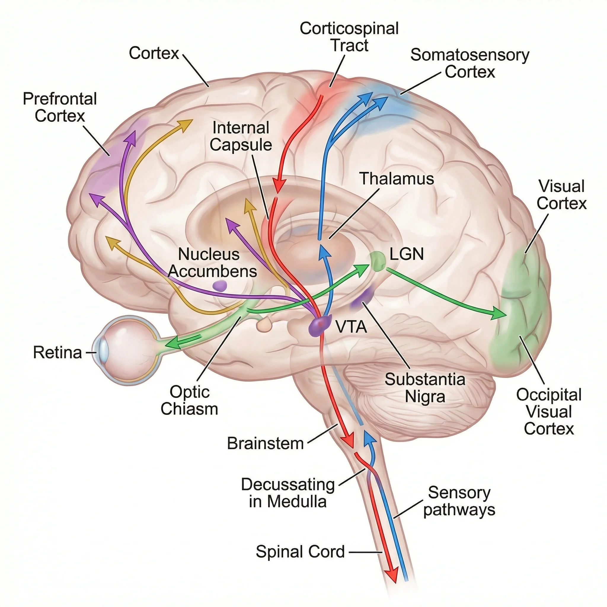 Illustration showing major neural pathways and connections in the brain