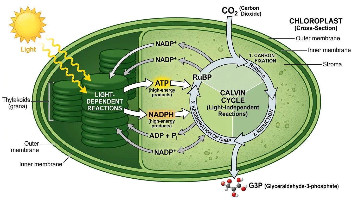 Calvin cycle shown within a chloroplast stroma, illustrating its relationship to thylakoid light reactions and the overall photosynthesis process.