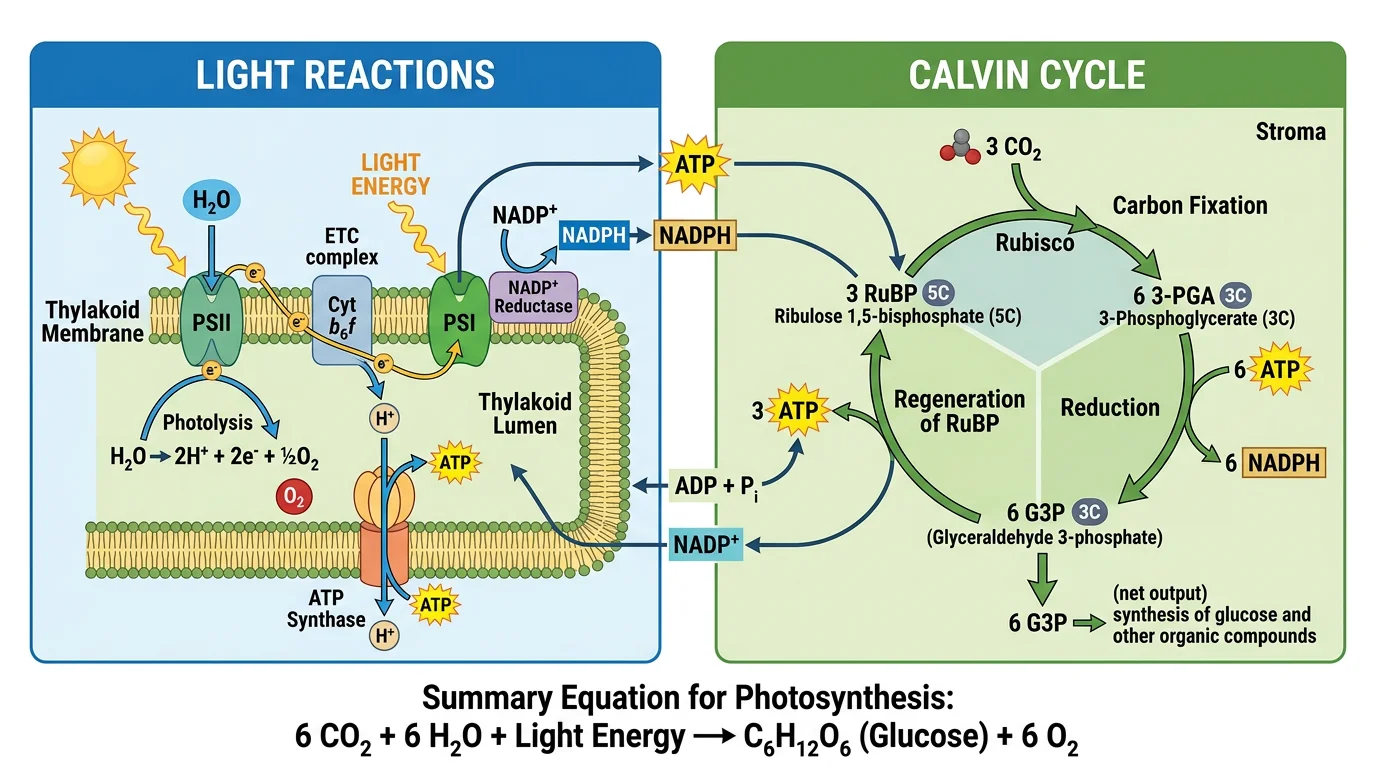 Side-by-side comparison diagram showing light-dependent reactions and the Calvin cycle with shared molecules connecting them.