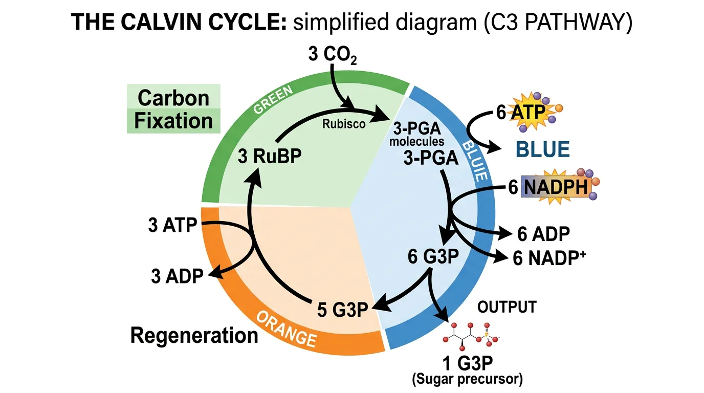 Simplified Calvin cycle diagram with three color-coded phases and key inputs and outputs clearly marked.