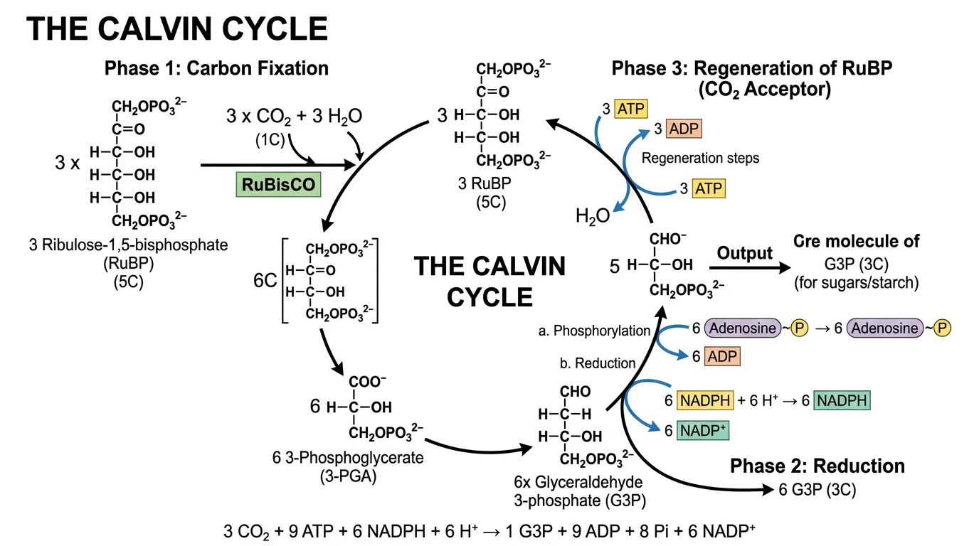 Calvin cycle diagram with molecular structures of key intermediates including RuBP, 3-PGA, G3P, ATP, and NADPH shown alongside the cycle.