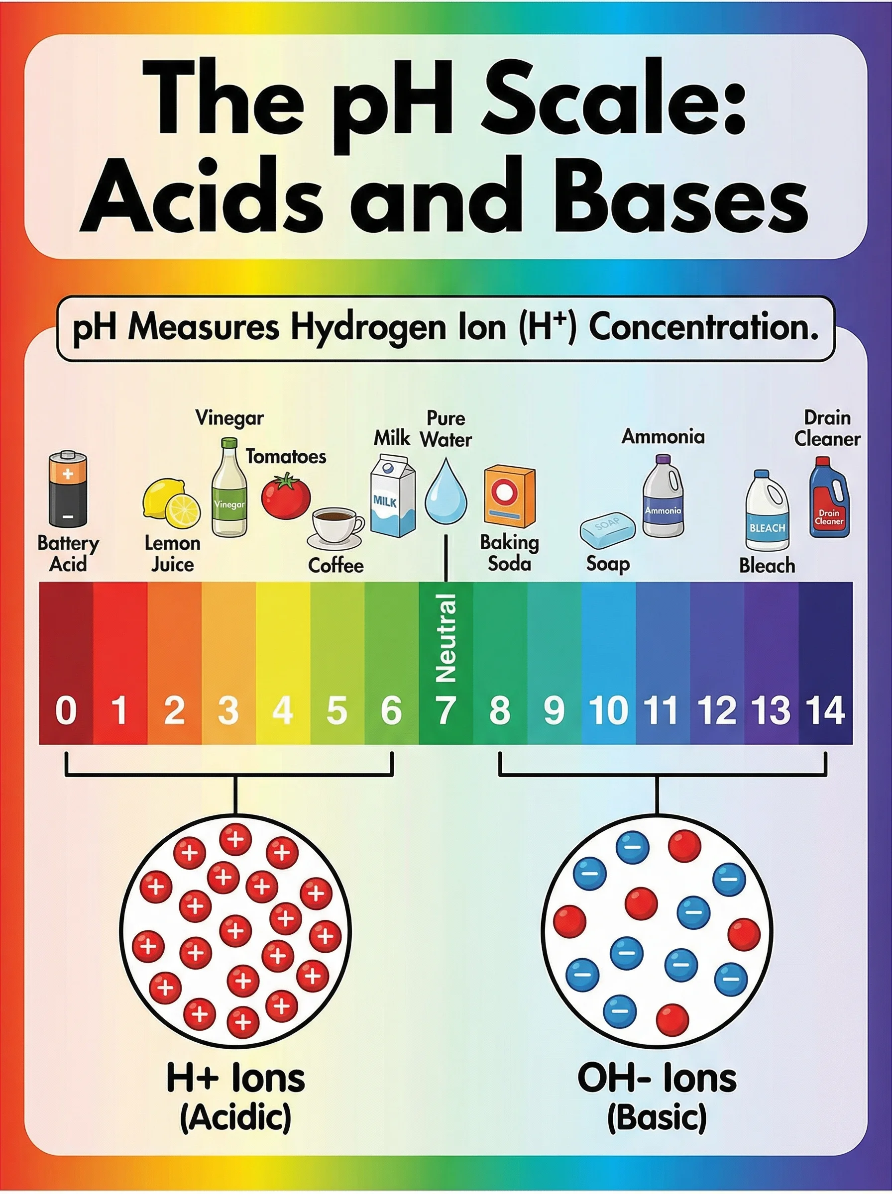 Colorful pH scale poster showing acids and bases