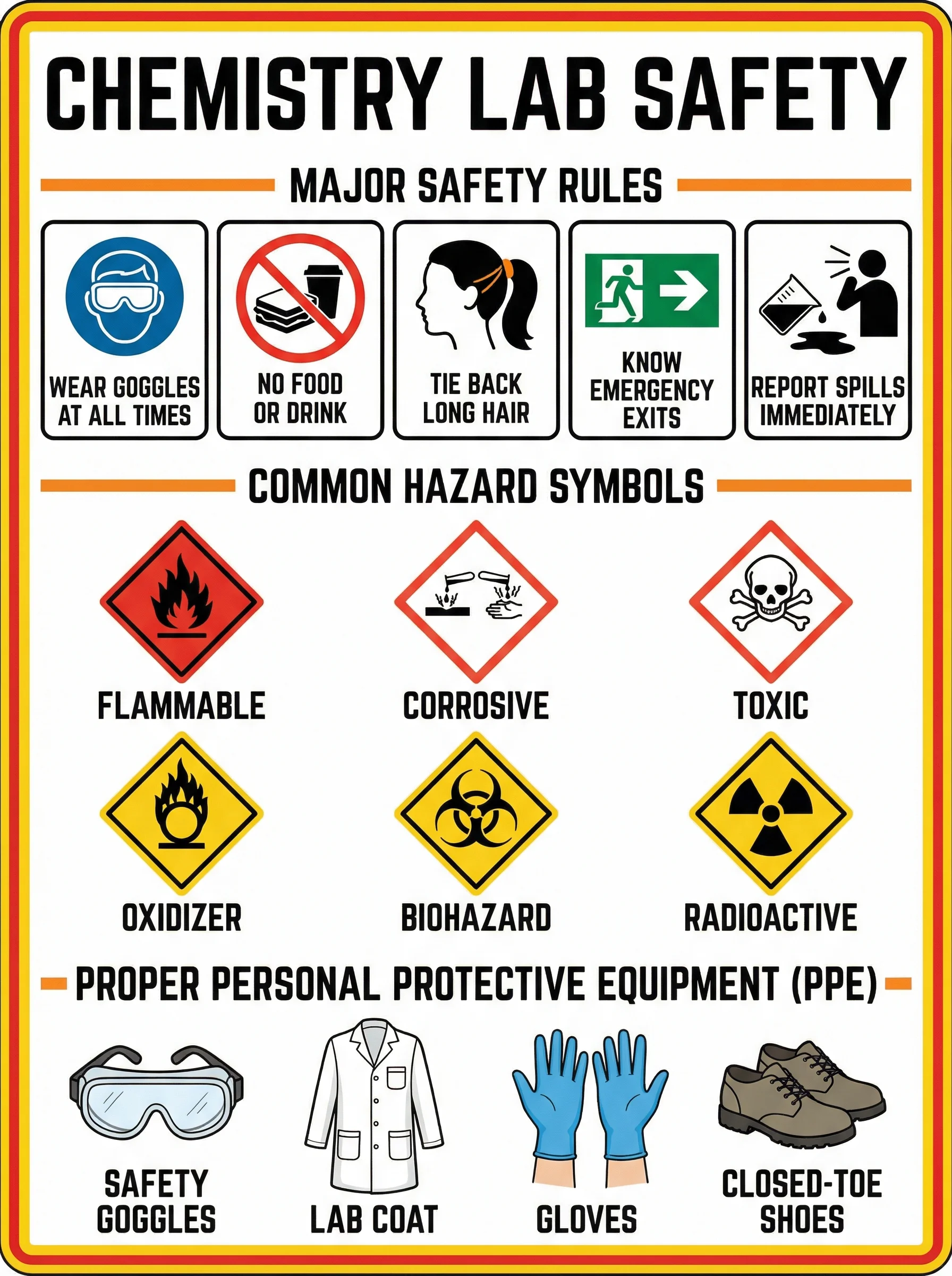 Chemistry laboratory safety rules and symbols poster