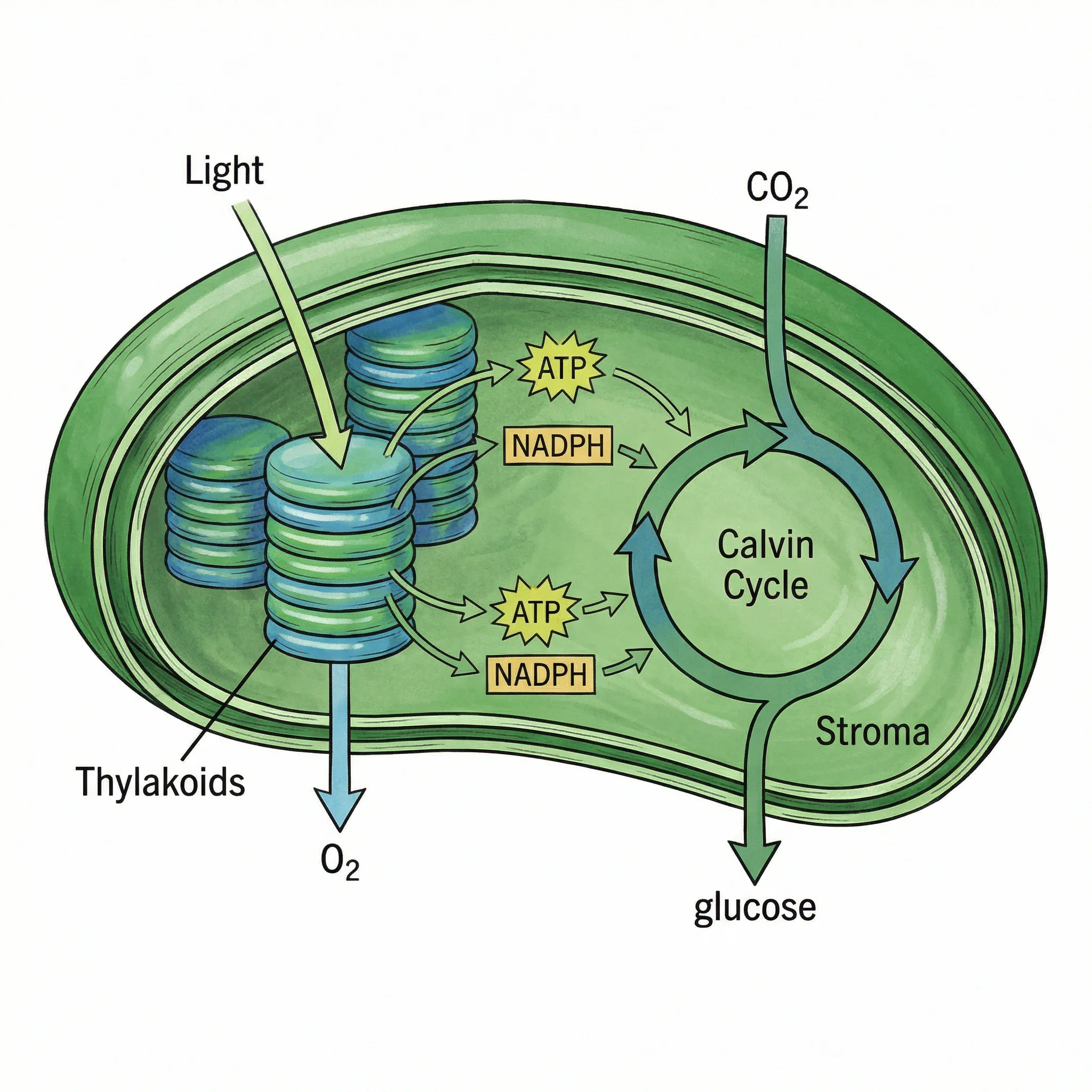 Highly detailed cross-section diagram of a chloroplast showing the photosynthesis process with arrows indicating light reactions in thylakoids and Calvin cycle in stroma. Labels show ATP, NADPH, CO2, glucose, and O2 movement through the organelle.
