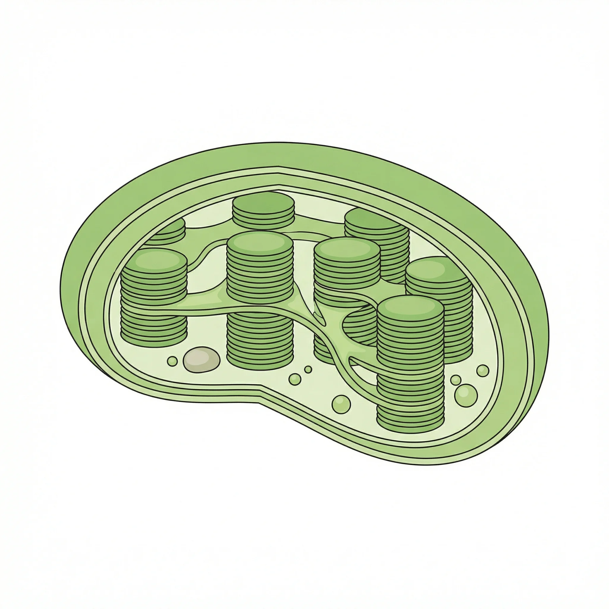 Unlabeled chloroplast diagram without any labels or text, showing all major structures clearly: outer membrane, inner membrane, stroma, thylakoid membrane, grana stacks, and stroma lamellae. Clean lines and light green color scheme designed for student labeling exercises.