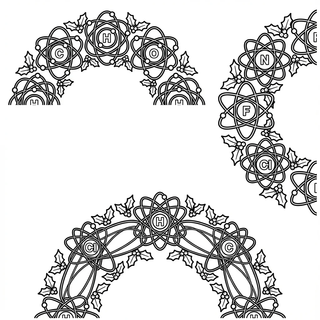 Black and white coloring page of a circular Christmas wreath made from interconnected atom symbols. Multiple atoms are arranged in a circle, each showing a central nucleus (cluster of protons and neutrons) with electrons orbiting around it in elliptical paths. The orbital paths overlap and interweave to create a wreath-like circular shape. Small holly leaves and berries are tucked between the atoms for holiday decoration. The electron paths create a dynamic, scientific design. Clean line art ready for coloring.