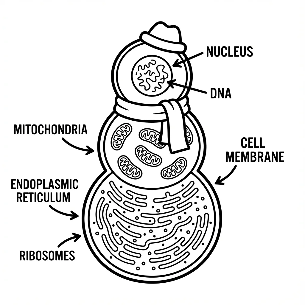 Black and white coloring page of a creative snowman designed as a biological cell. The snowman has three stacked circular body sections. The head section contains a large circular nucleus with a nucleolus inside. The middle section shows multiple bean-shaped mitochondria distributed throughout. The bottom section displays wavy endoplasmic reticulum ribbons and tiny dots representing ribosomes. The snowman outline represents the cell membrane. A winter scarf wraps around the middle, and a hat sits on top. Label lines point to each organelle structure. Clean line art ready for coloring.