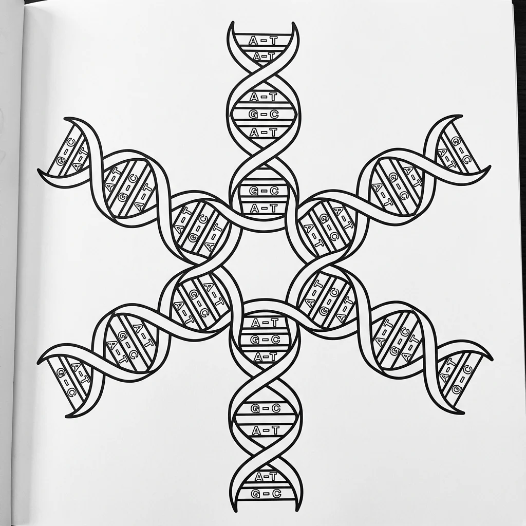 Black and white coloring page featuring a six-pointed snowflake pattern created from DNA double helix structures. Each of the six arms of the snowflake is formed by intertwining DNA strands with the characteristic ladder-like structure. The rungs of the ladder represent base pairs (adenine-thymine, guanine-cytosine) connecting the two backbone strands. The design is perfectly symmetrical. Clean line art with detailed molecular structure ready for coloring.