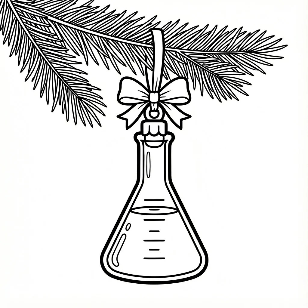 Black and white coloring page of Santa Claus as a scientist. Santa wears his traditional suit with a white lab coat over it. Safety goggles are pushed up on his forehead above his glasses. In one hand he holds a bubbling beaker with liquid inside, and in the other hand he holds a test tube. He stands next to a laboratory table with Erlenmeyer flasks, a microscope, and various lab equipment. His gift bag on the floor contains scientific instruments instead of toys: test tubes, magnifying glasses, and beakers poke out. Cartoon style with clean line art ready for coloring.