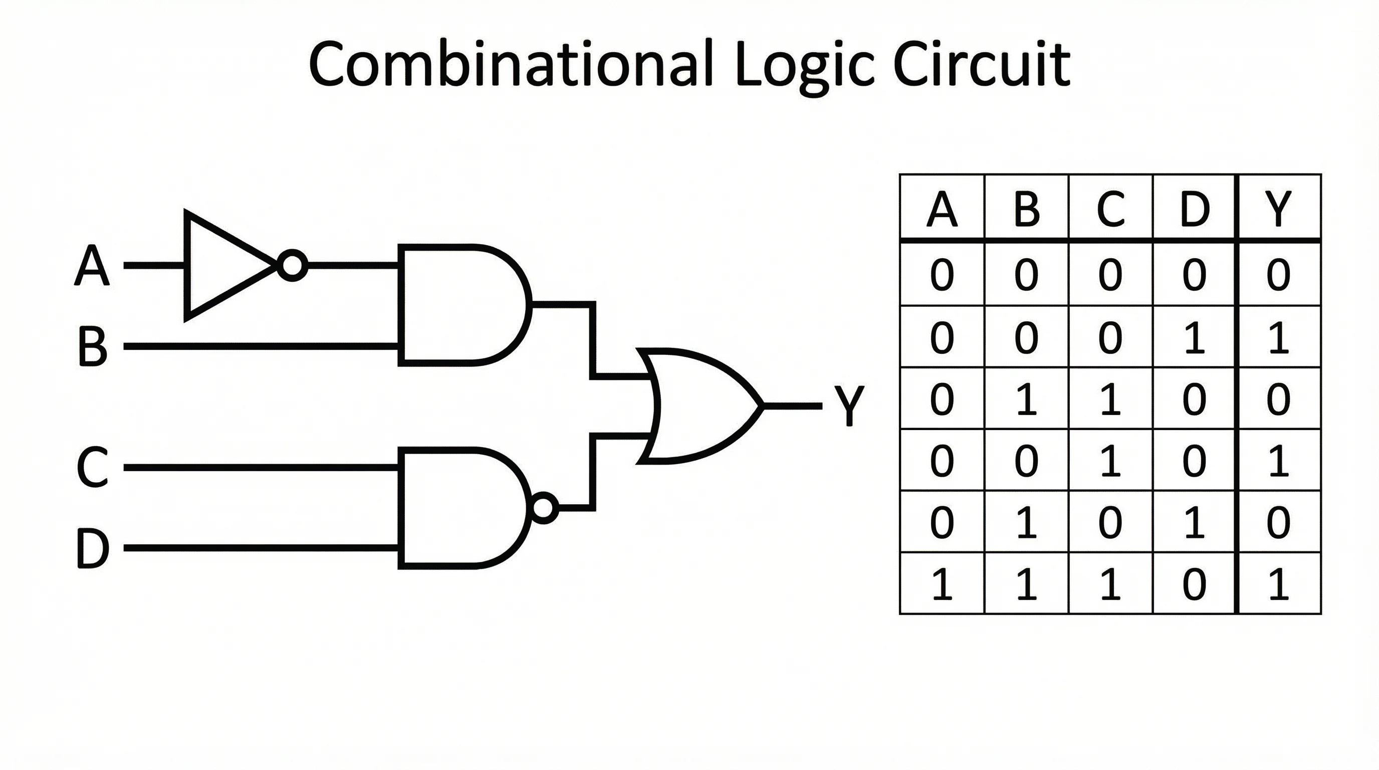Digital logic circuit with AND, OR, NOT, and NAND gates forming a combinational logic circuit with truth table.