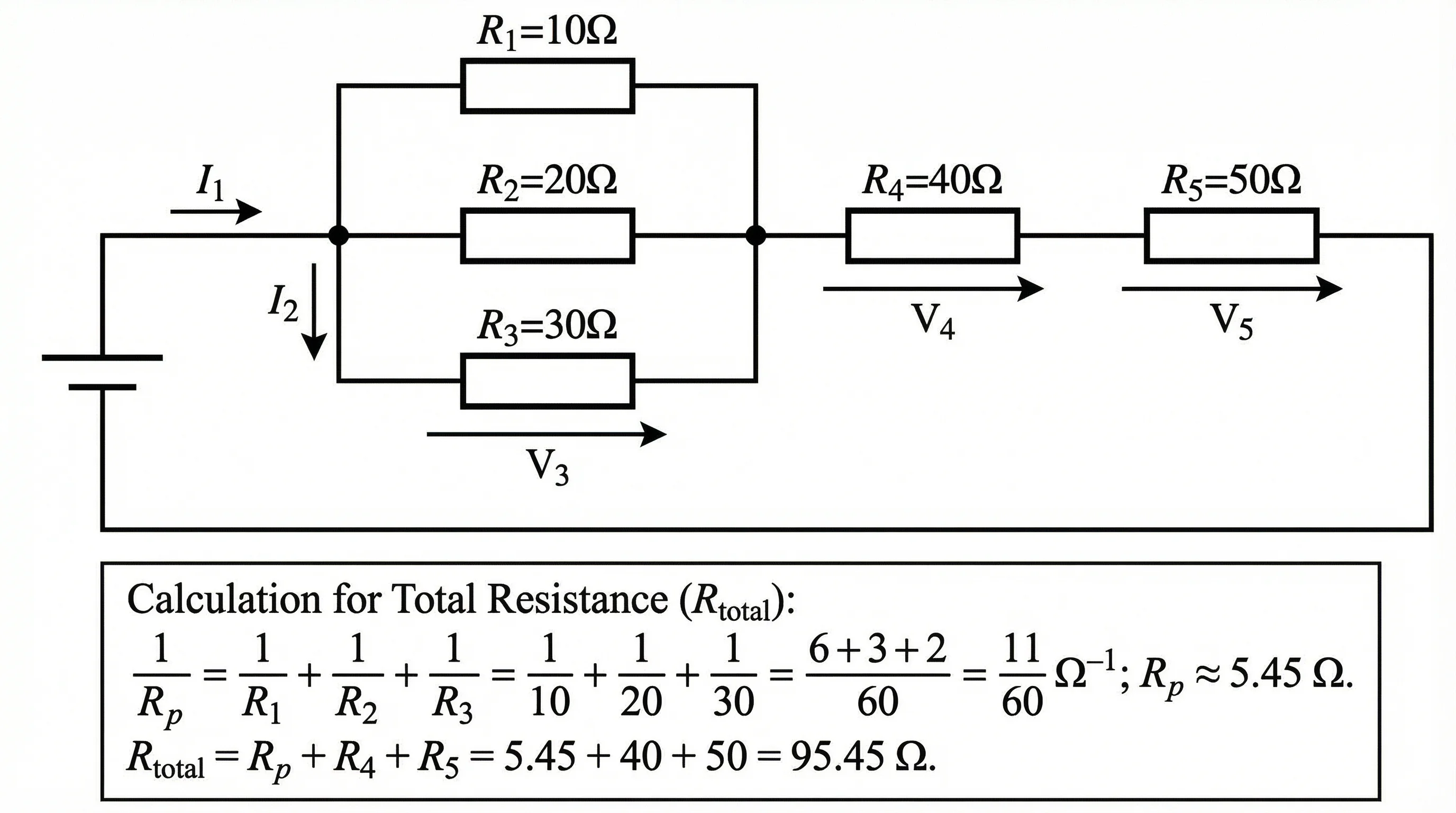 Circuit diagram showing resistors in series and parallel combinations with labeled resistance values.