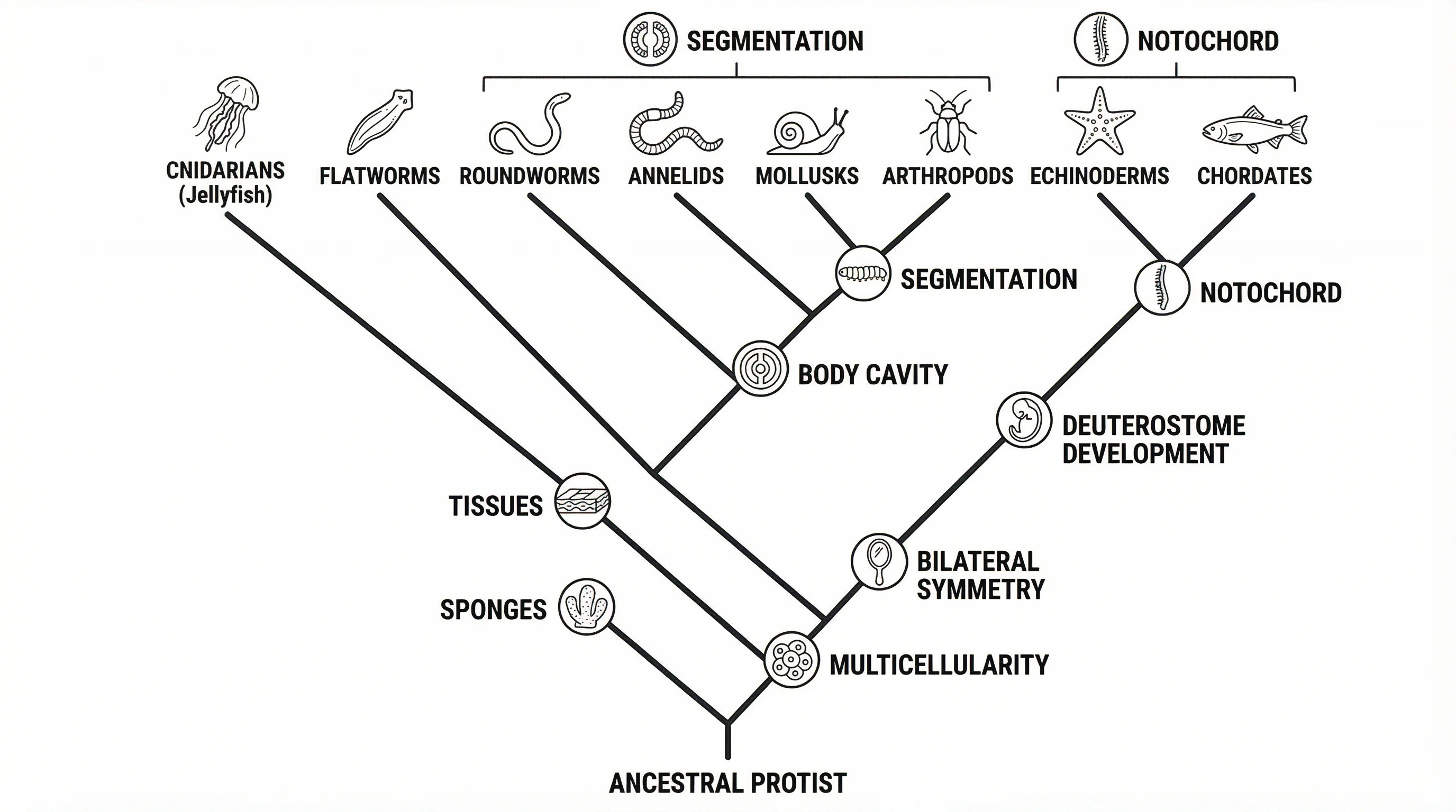 Broad cladogram of the animal kingdom from sponges to chordates showing major evolutionary milestones.