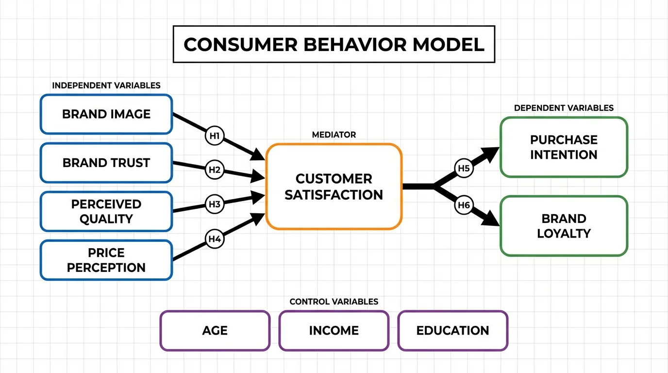 Marketing research framework showing brand factors affecting purchase intention and loyalty.