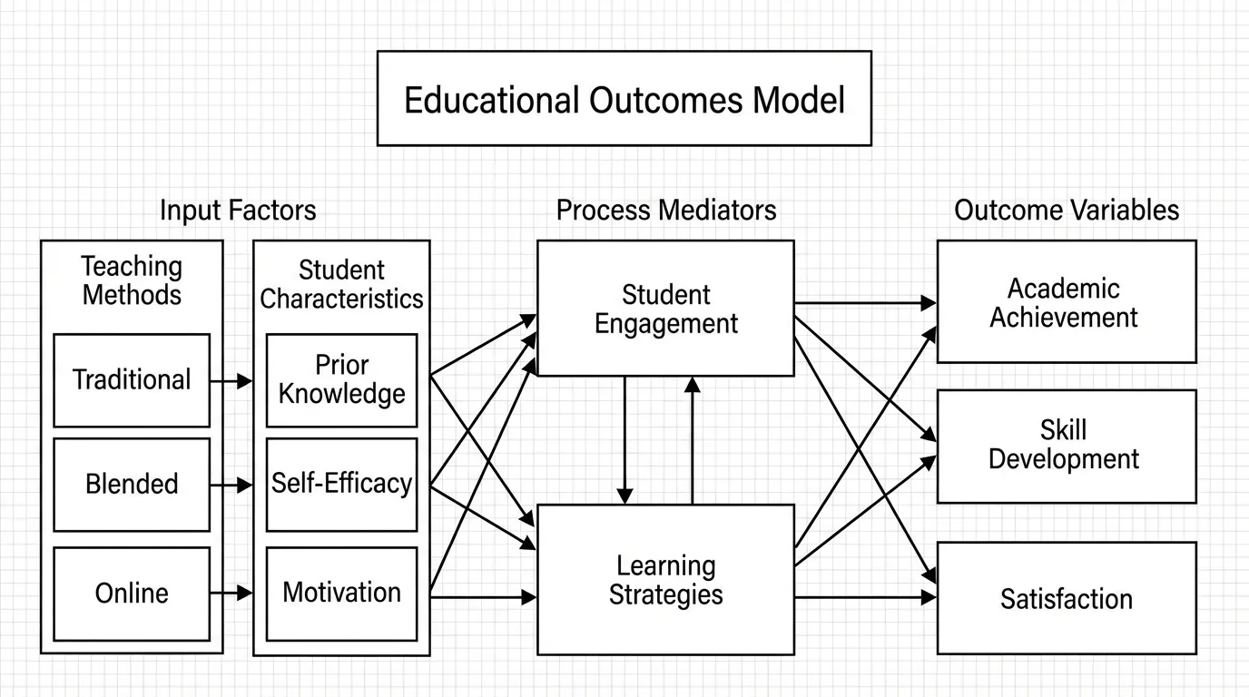 Education research framework showing teaching methods and student factors affecting learning outcomes.