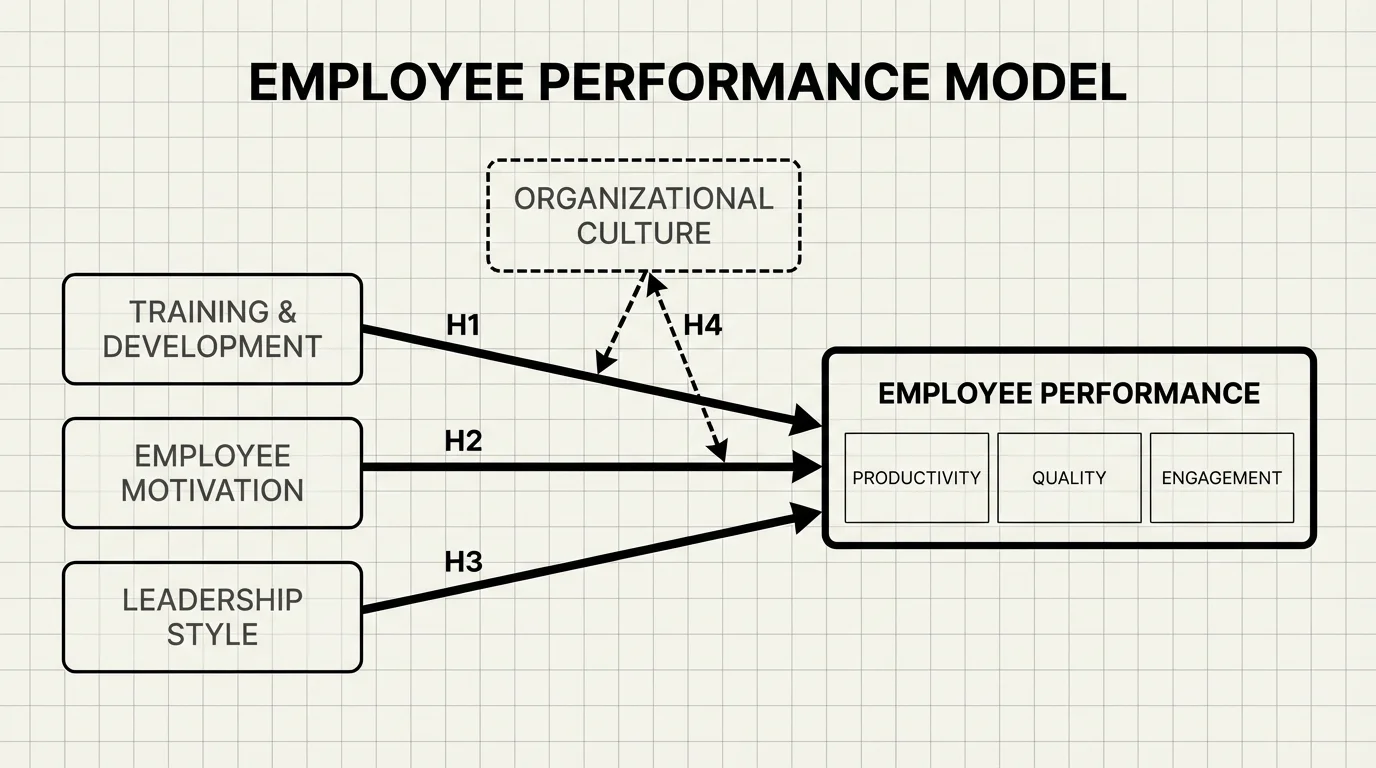 HRM conceptual framework showing training, motivation, and leadership affecting employee performance.