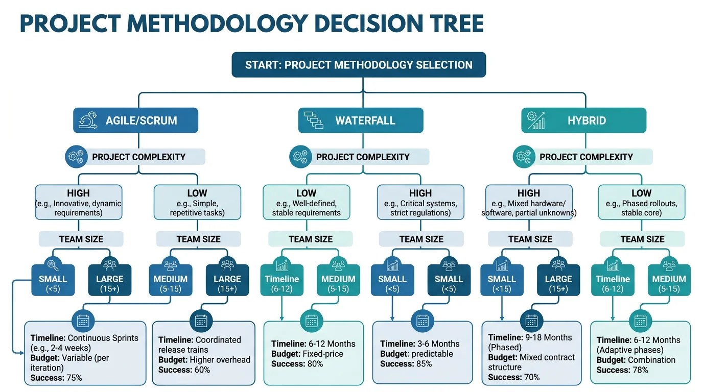 Project management decision tree for choosing between project approaches with resource allocation and timeline considerations.