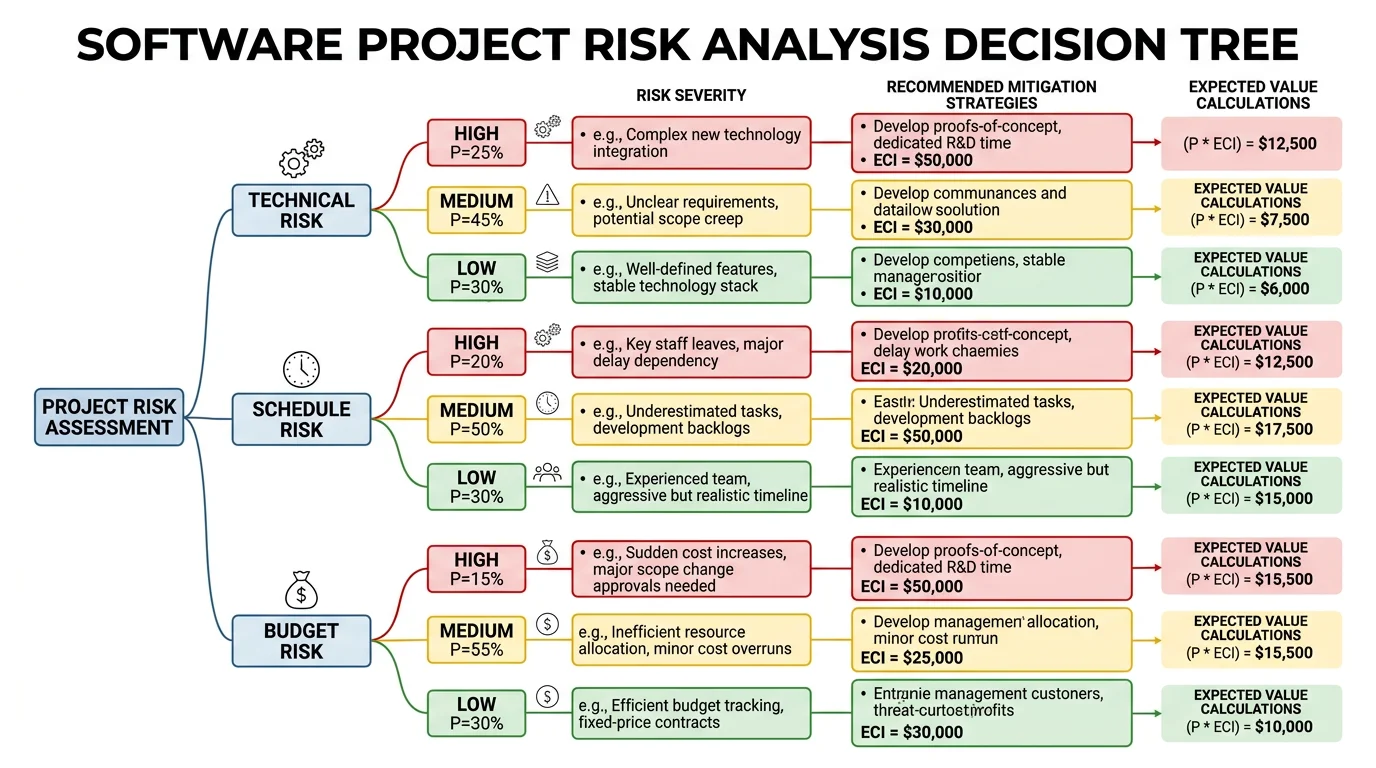 Risk analysis decision tree evaluating project risks with probability assessments, impact scores, and mitigation strategies.