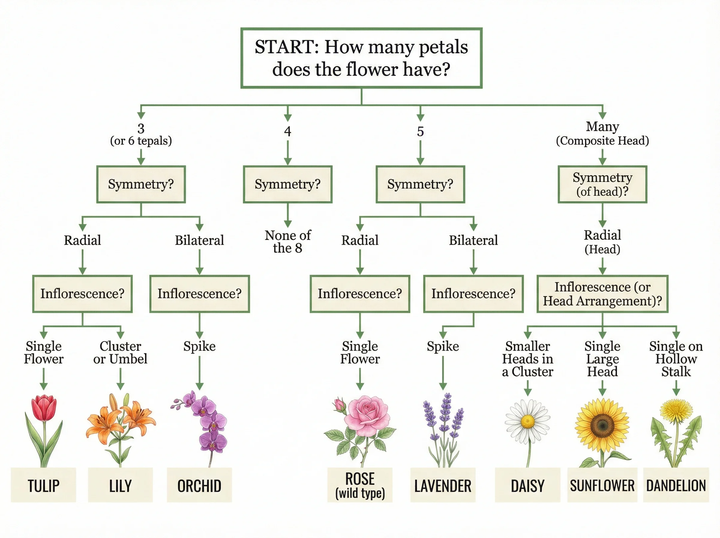 Dichotomous key for identifying common flowers by petal count, symmetry, and inflorescence type.