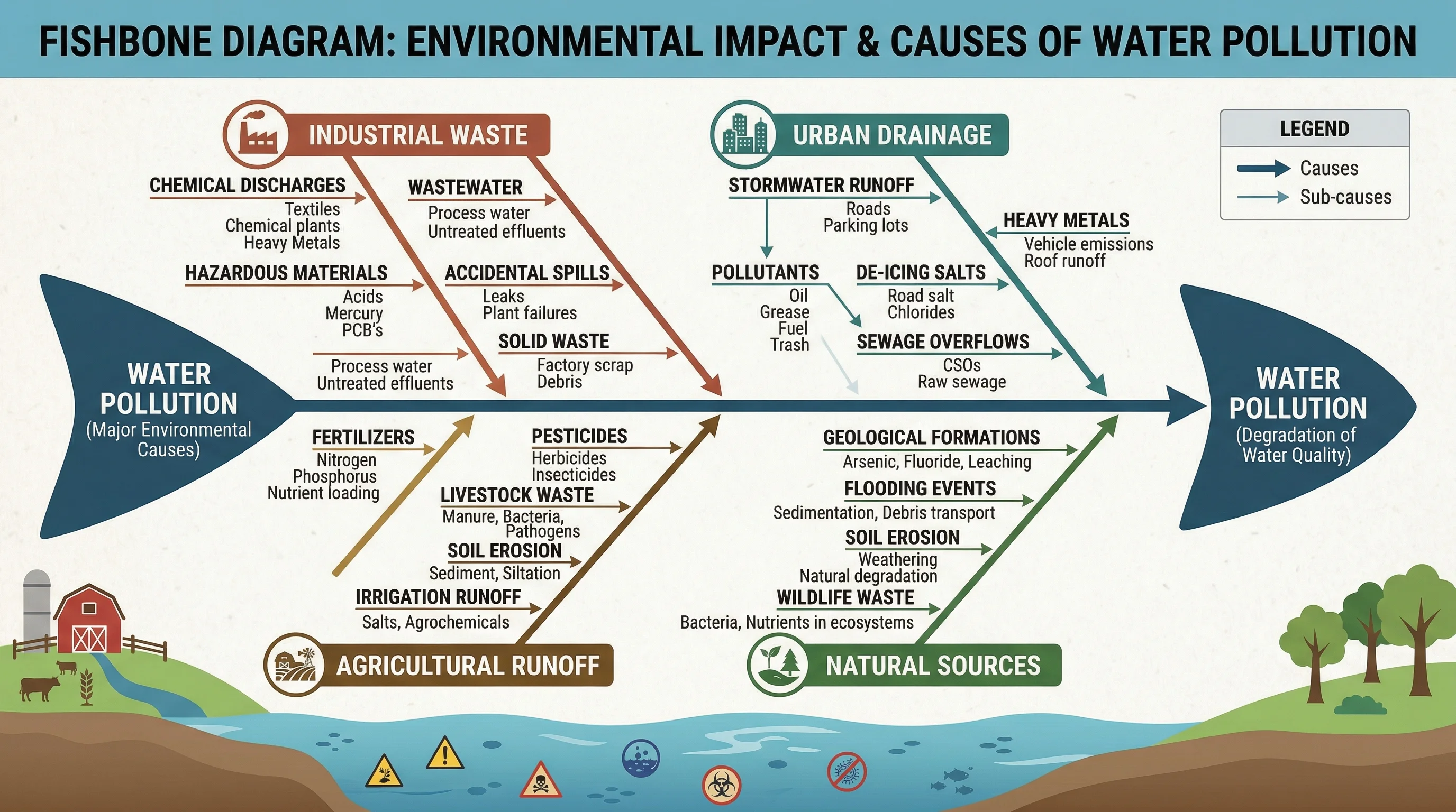 Ishikawa diagram analyzing causes of environmental pollution at an industrial facility.
