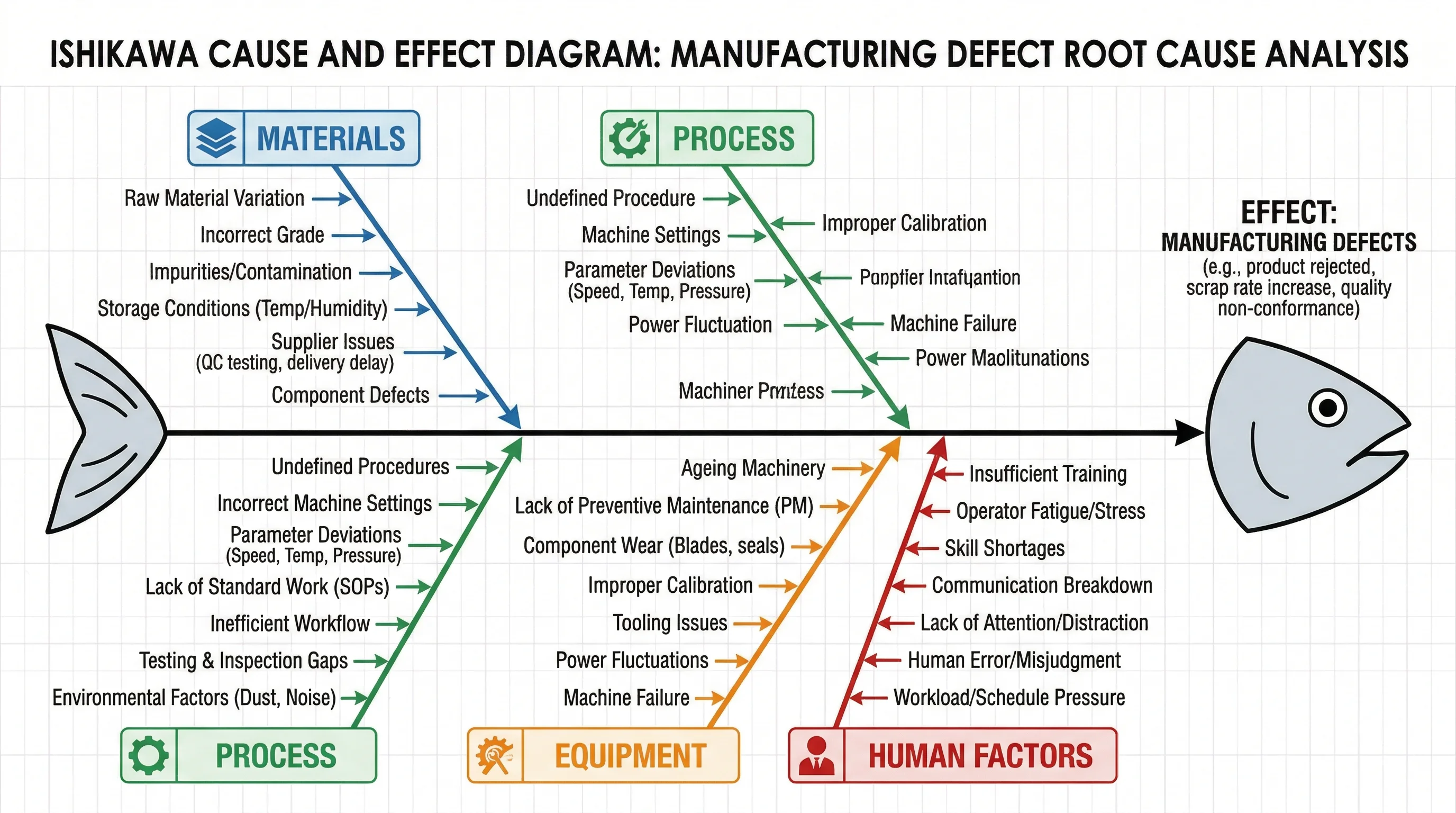Ishikawa diagram for root cause analysis of manufacturing defects in an assembly line.