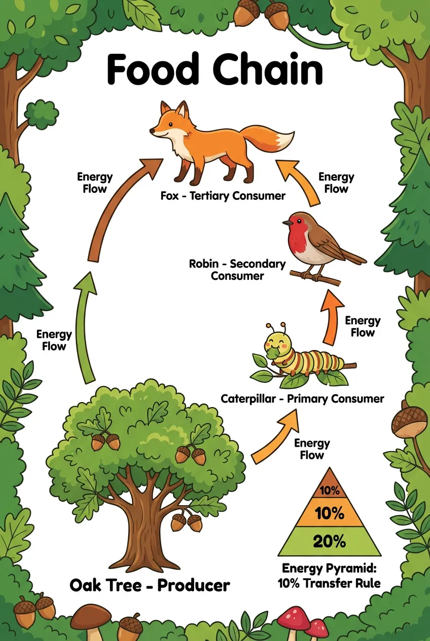 Colorful forest ecosystem food chain poster showing oak tree, caterpillar, robin, and fox. Vibrant colors suitable for classroom display with energy pyramid overlay.