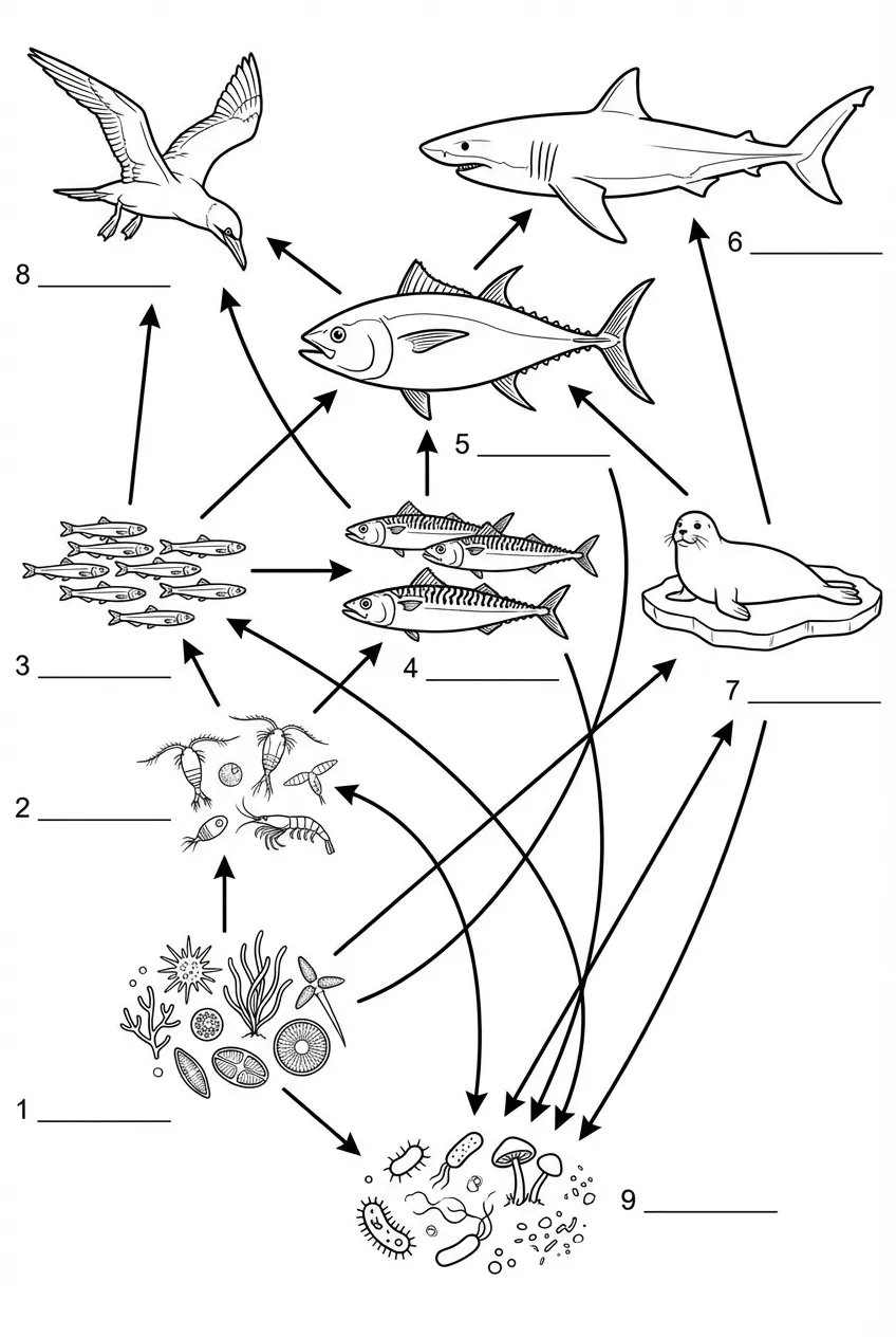 Black and white marine ecosystem food web diagram without labels for student worksheets. Shows phytoplankton, zooplankton, small fish, larger fish, shark, and seabird with blank lines for labeling.