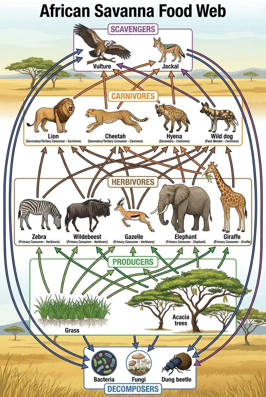 Complex African savanna food web showing multiple interconnected food chains with grass, zebra, wildebeest, lion, hyena, vulture and other organisms.