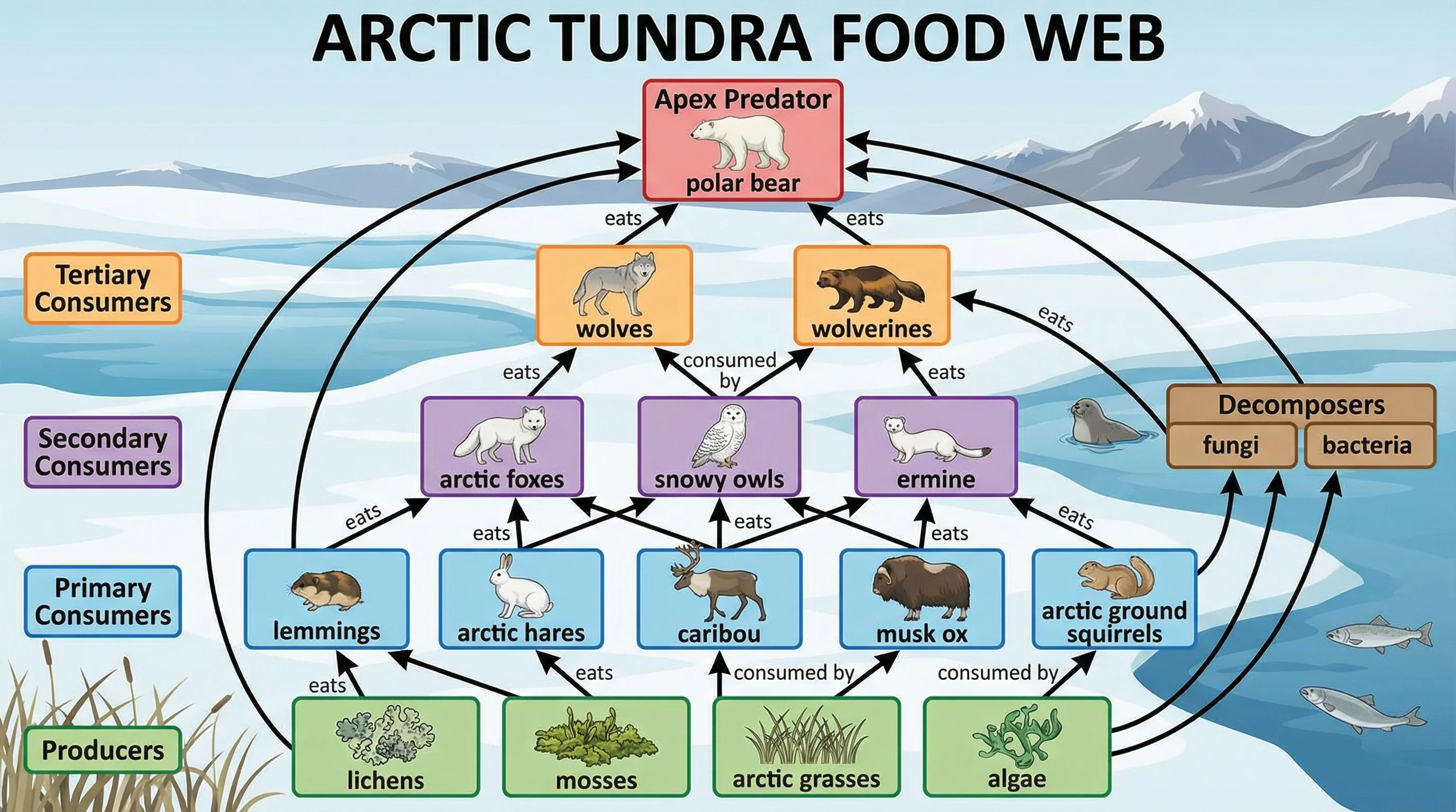 Arctic tundra food web diagram with lichens, mosses, arctic grasses, lemmings, arctic hares, caribou, snowy owls, arctic foxes, wolves, and polar bears connected by feeding arrows.