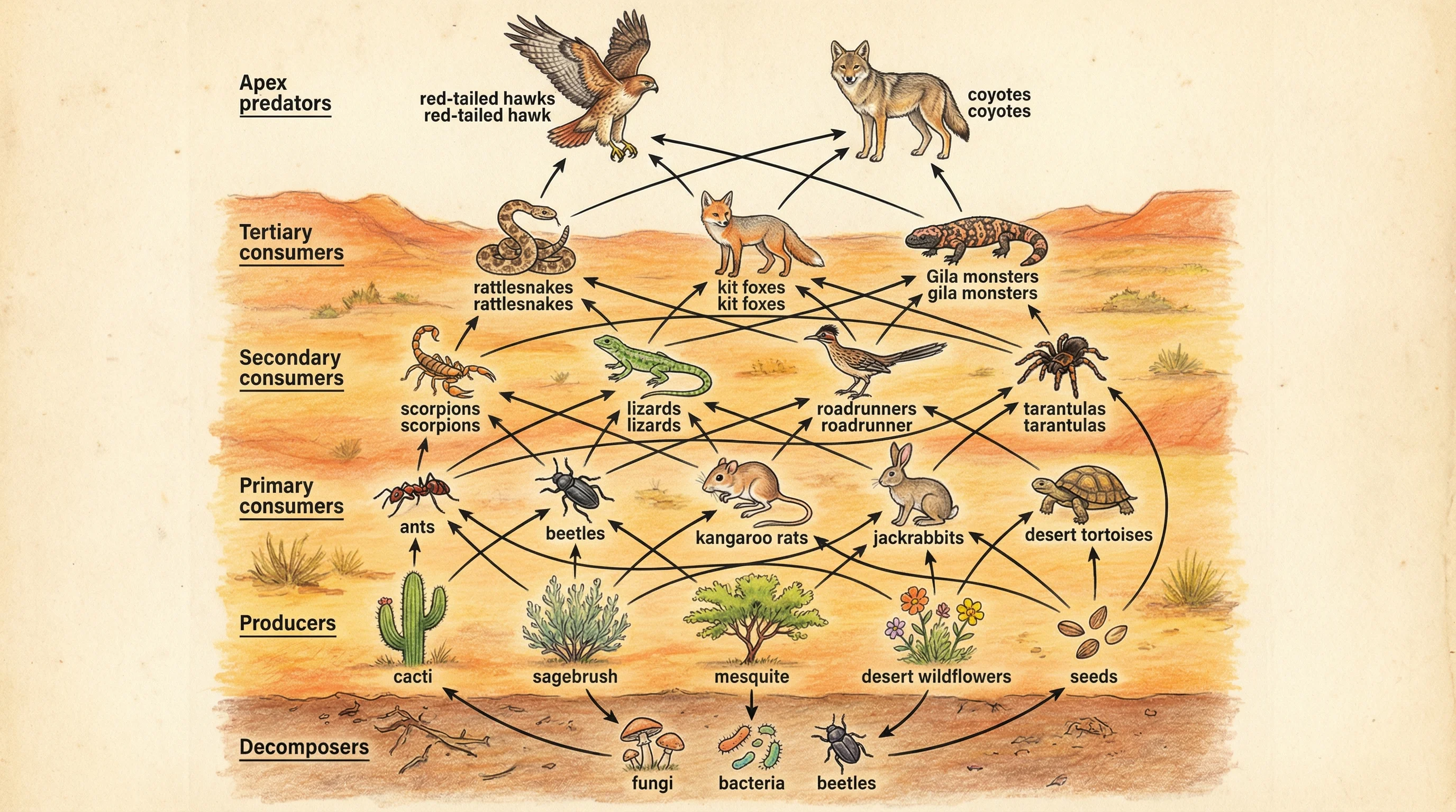Desert ecosystem food web diagram featuring cacti, shrubs, seeds, ants, beetles, scorpions, lizards, kangaroo rats, roadrunners, rattlesnakes, hawks, and coyotes in an arid landscape.