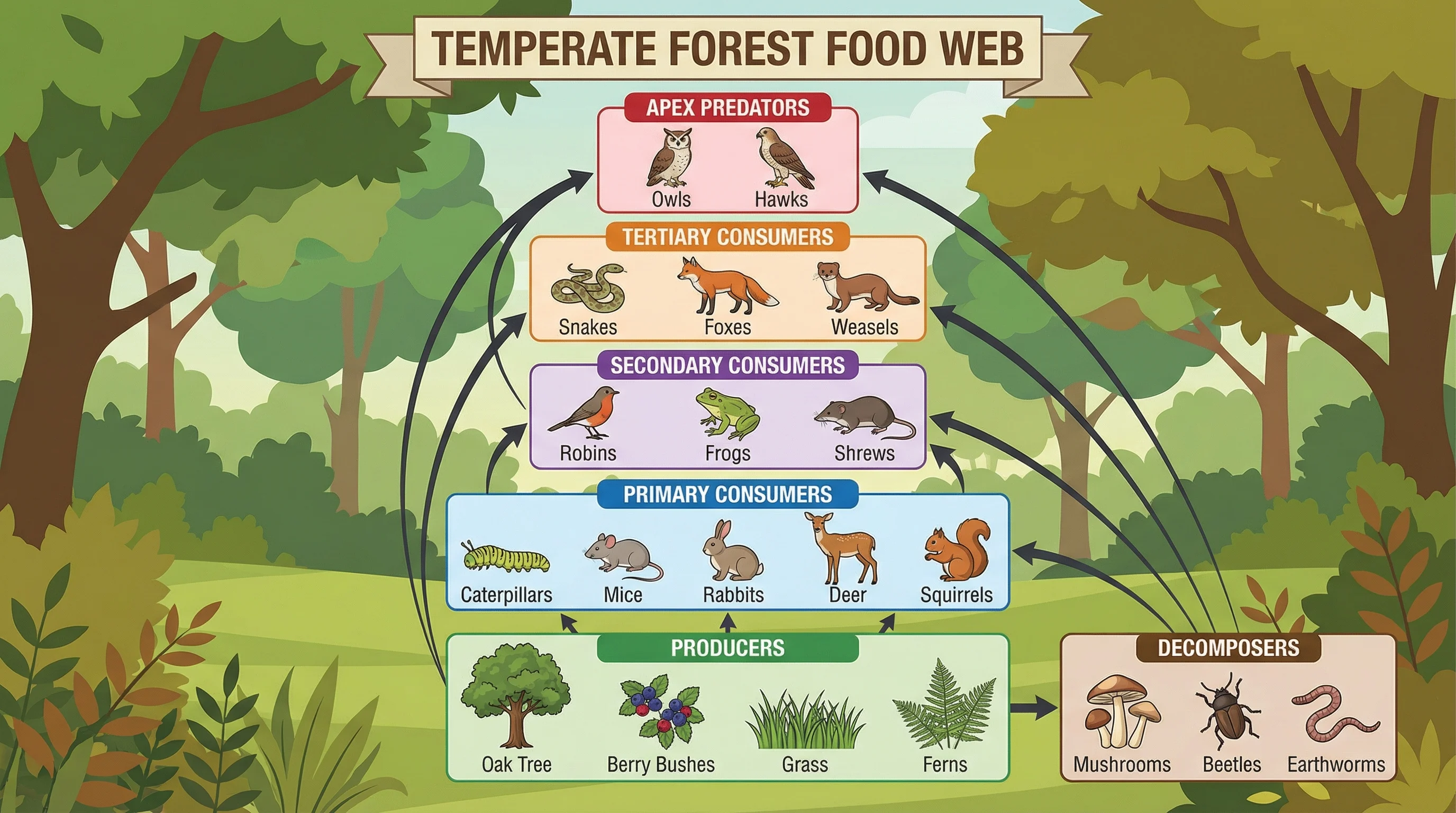 Temperate forest food web diagram displaying interconnected food chains with oak trees, berries, caterpillars, mice, rabbits, robins, snakes, foxes, and owls labeled by trophic level.