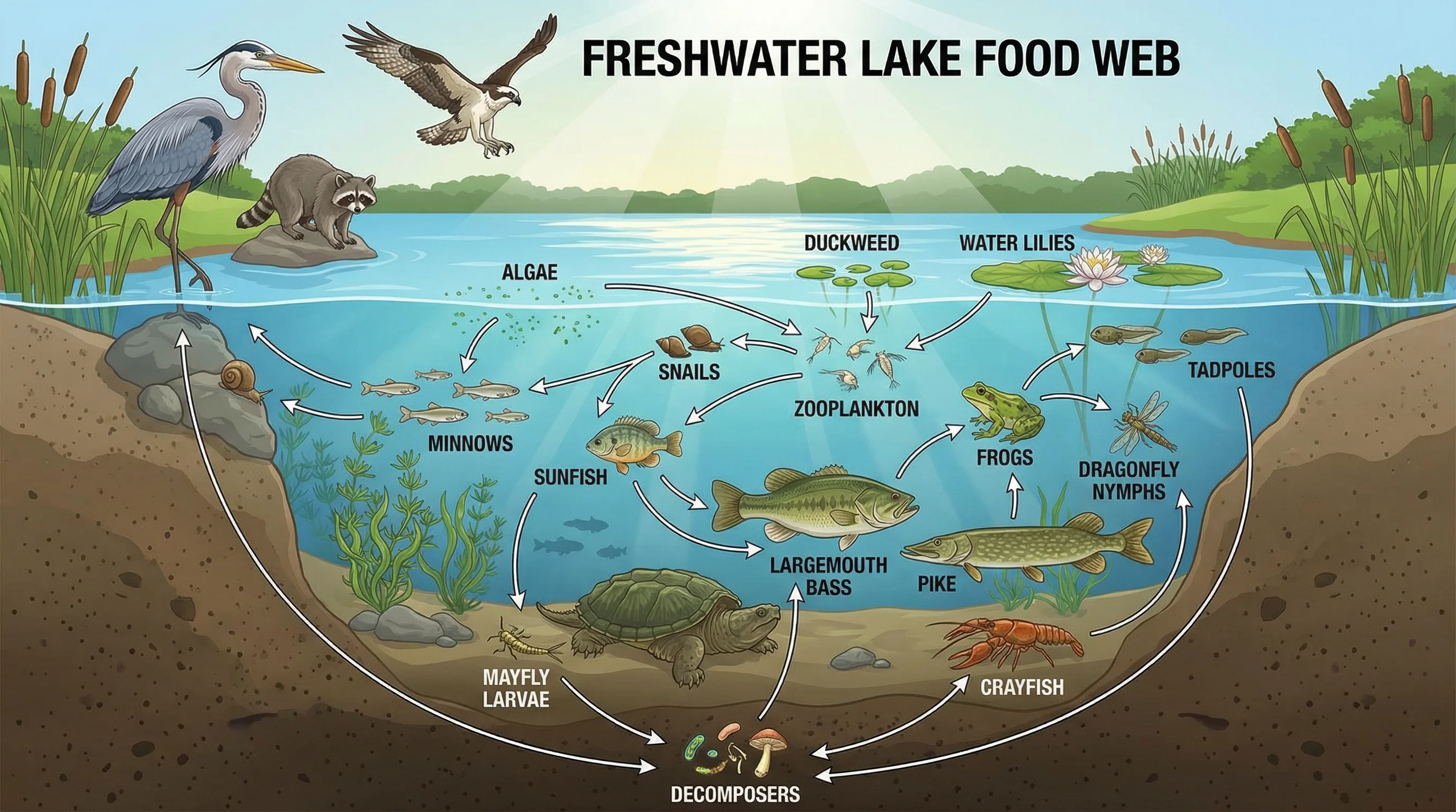 Freshwater lake food web diagram showing algae, aquatic plants, zooplankton, insects, tadpoles, minnows, crayfish, bass, pike, herons, and raccoons with arrows indicating energy transfer.
