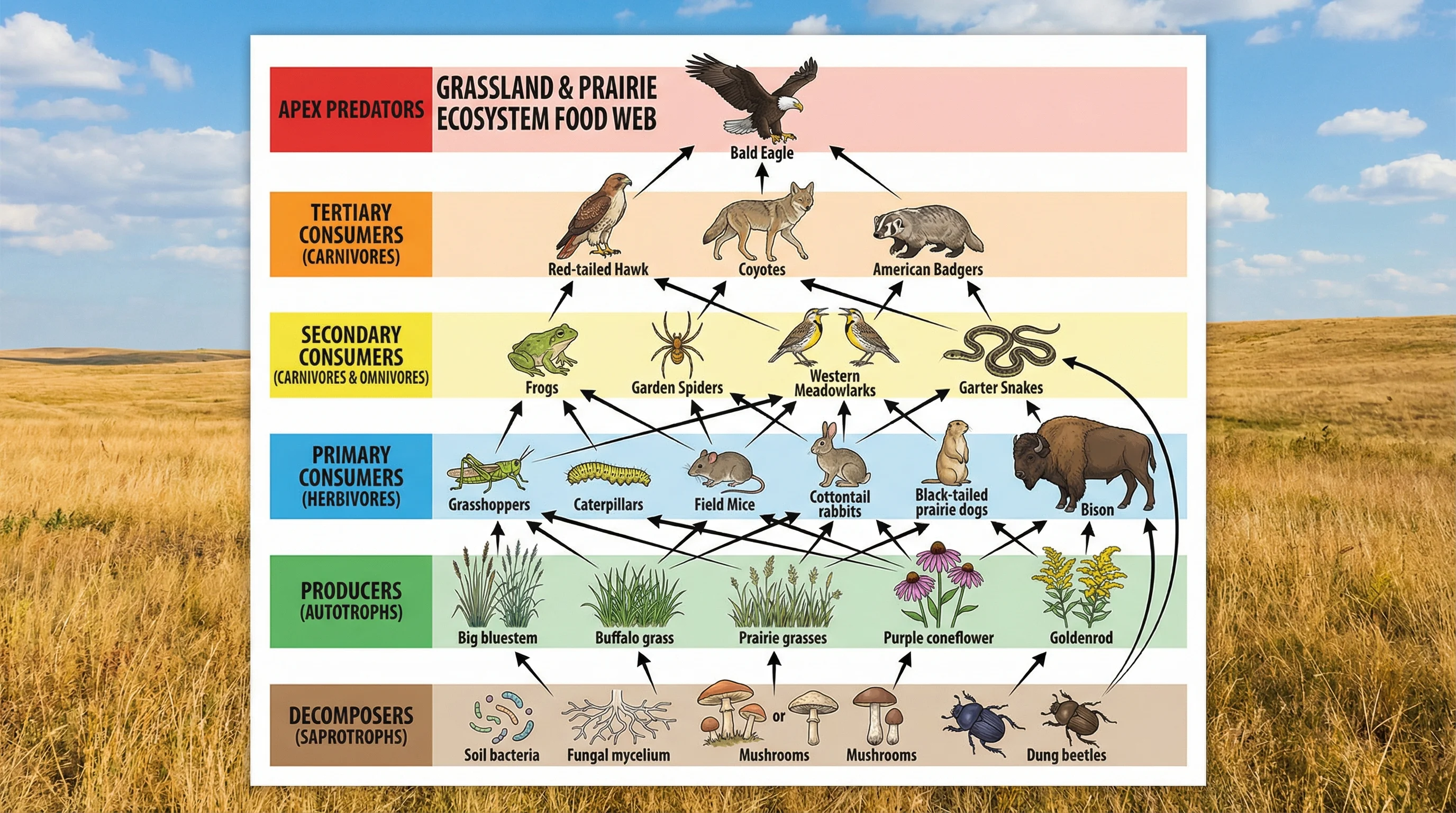 Grassland ecosystem food web showing complex relationships between grasses, wildflowers, grasshoppers, mice, rabbits, prairie dogs, snakes, hawks, coyotes, and decomposers.