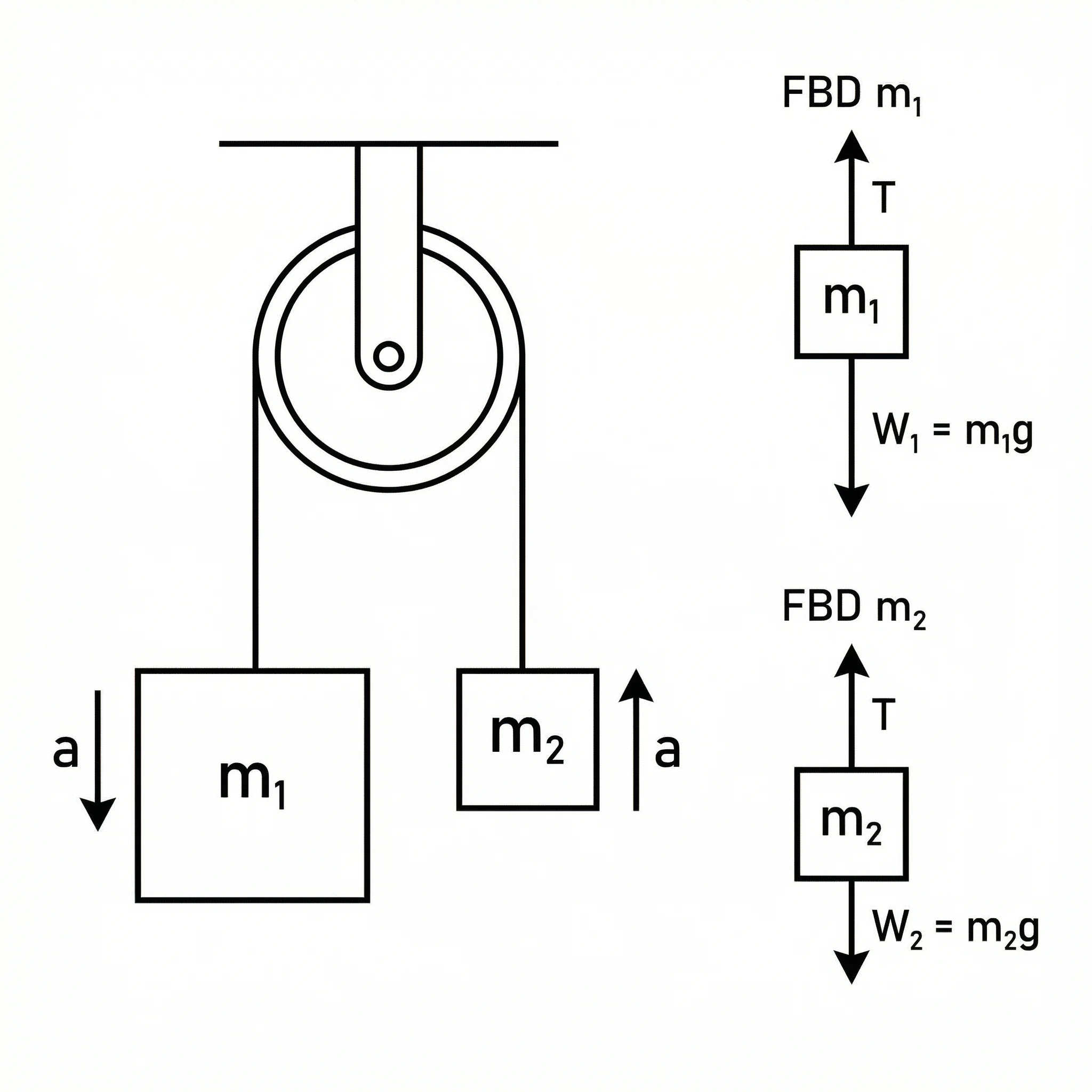 Free body diagram of an Atwood machine with two masses connected by a rope over a frictionless pulley showing tension and weight forces.